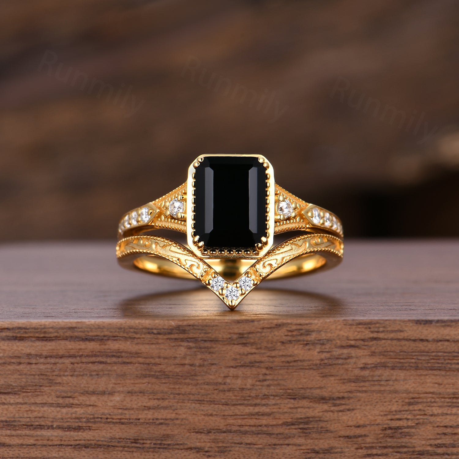 Antique Black Onyx Couples Ring Set Unique Filigree Bridal Ring Yellow Gold His and Hers Wedding Bands Mens Tungsten Ring Anniversary Rings