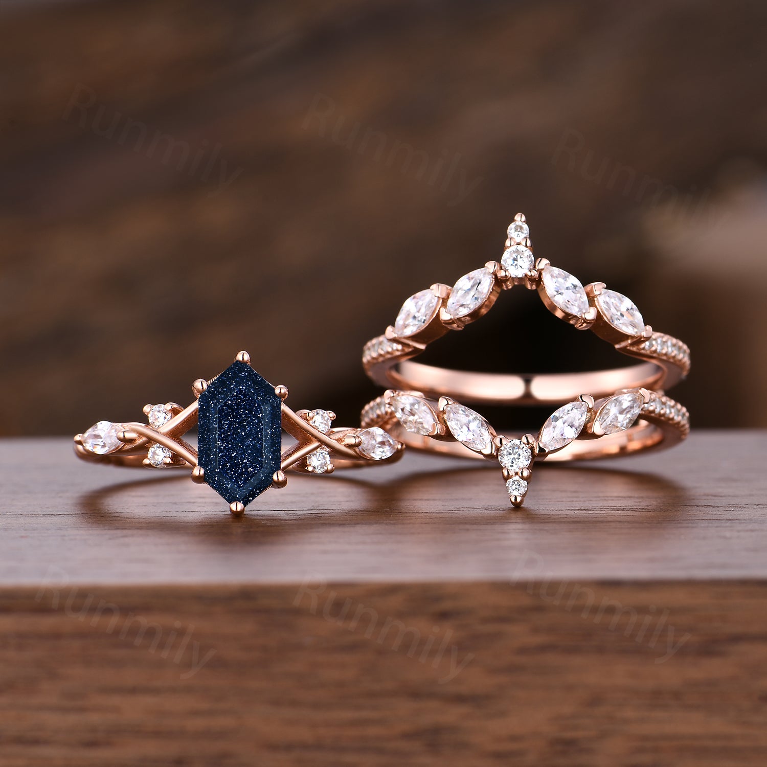 Vintage Blue Sandstone Engagement Ring Set Women Rose Gold Hexagon Wedding Ring Double Curved Moissanite Enhancer Stacking Bridal Ring