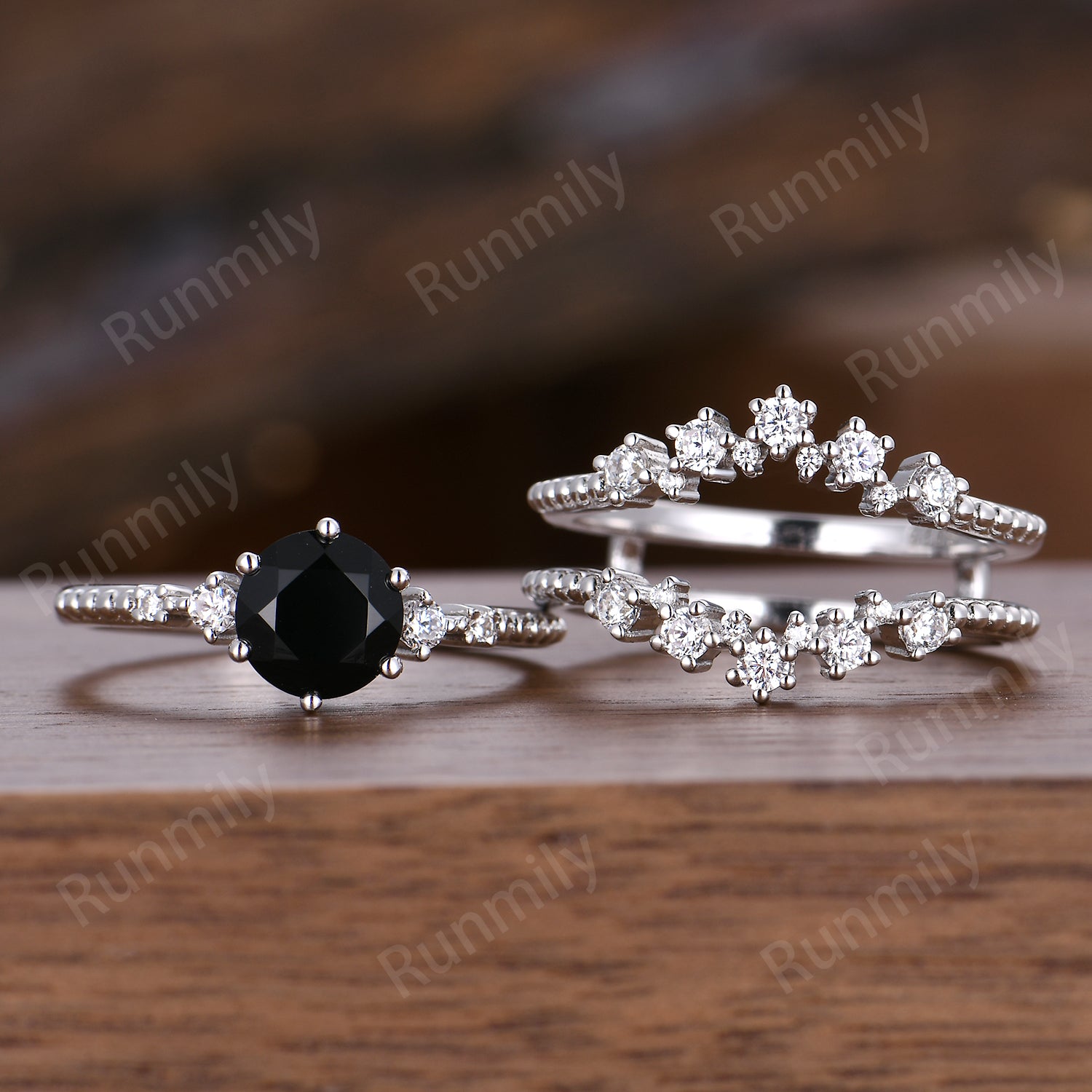 Round Cut Black Onyx Engagement Ring Set Sterling Silver Double Curved Moissanite Bridal Ring Set Unique Promise Anniversary Ring