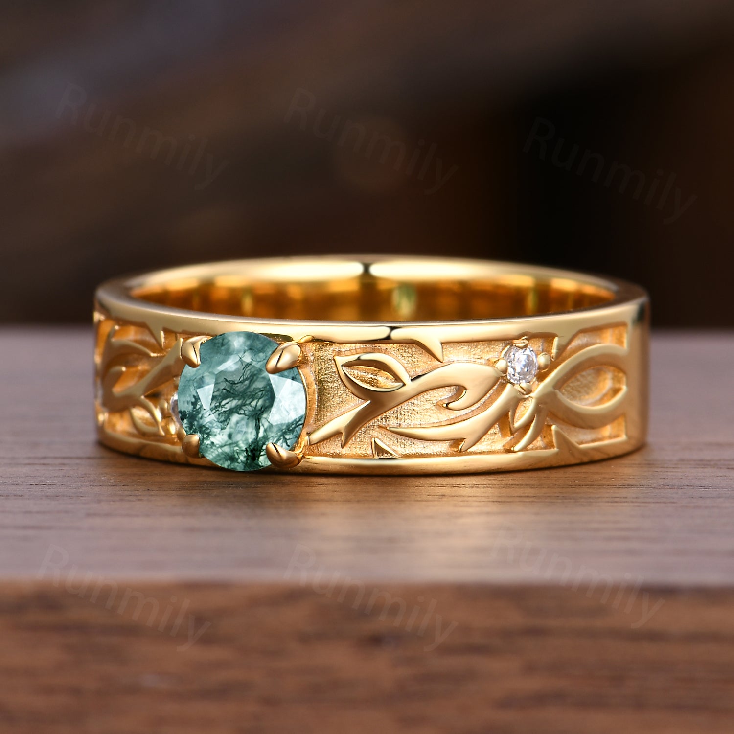 Round Cut Green Moss Agate Engagement Ring Green Gemstone Ring For Men Solid 14K Gold Ring Nature Inspired Ring Mens Gold Ring