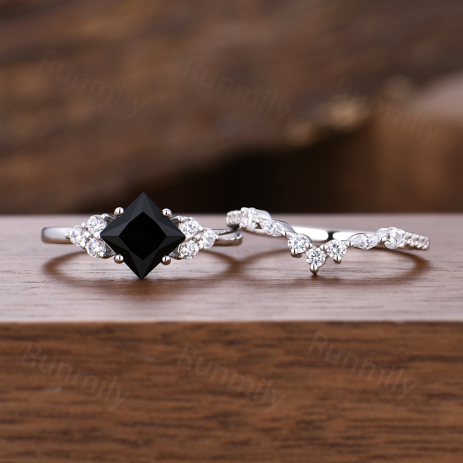 Princess Cut Black Onyx Engagement Ring Set Vintage Art Deco Moissanite Stacking Bridal Wedding Ring Unique Promise Anniversary Ring