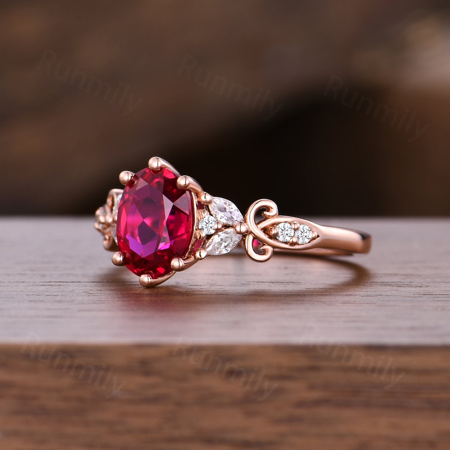 Oval cut Ruby engagement ring vintage unique moissanite cluster ring Rose gold promise anniversary ring for Her