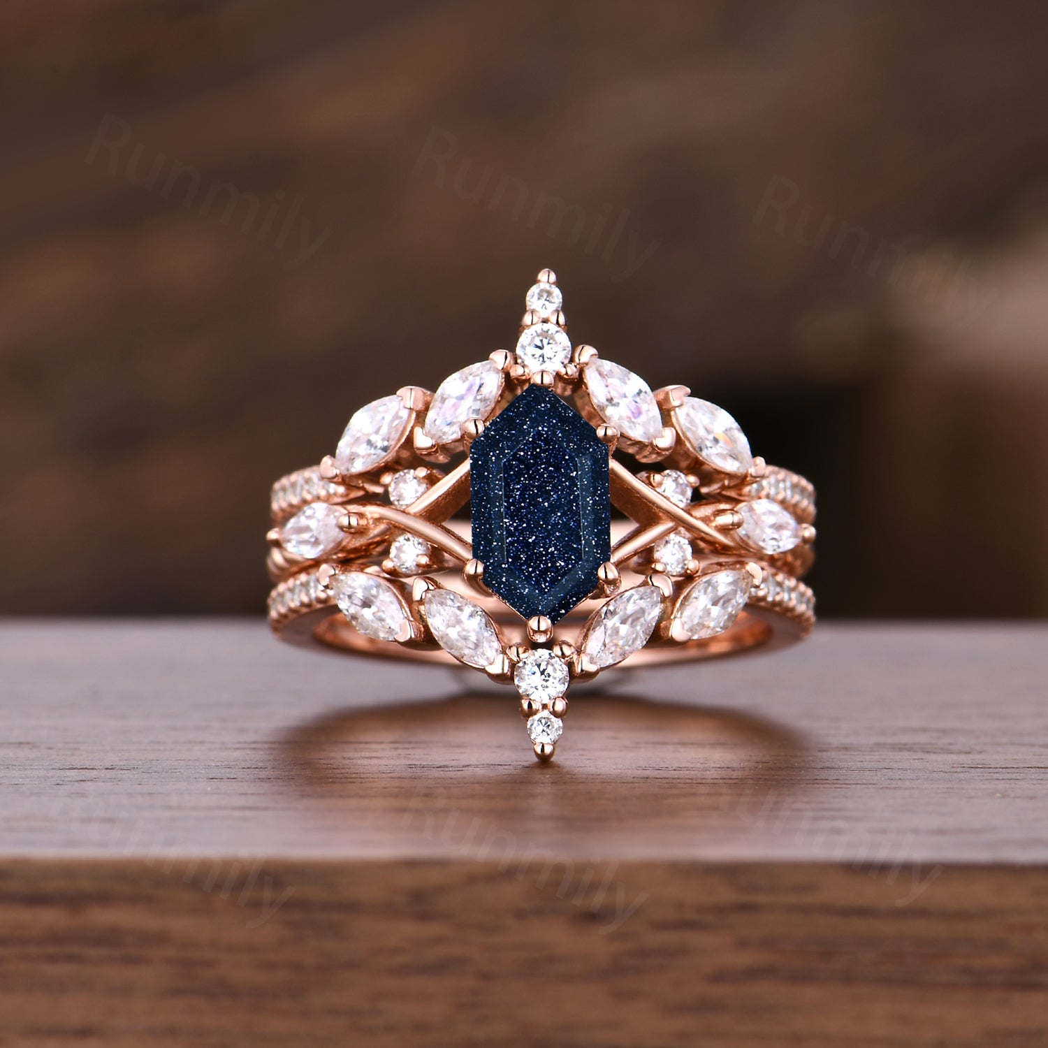 Vintage Blue Sandstone Engagement Ring Set Women Rose Gold Hexagon Wedding Ring Double Curved Moissanite Enhancer Stacking Bridal Ring