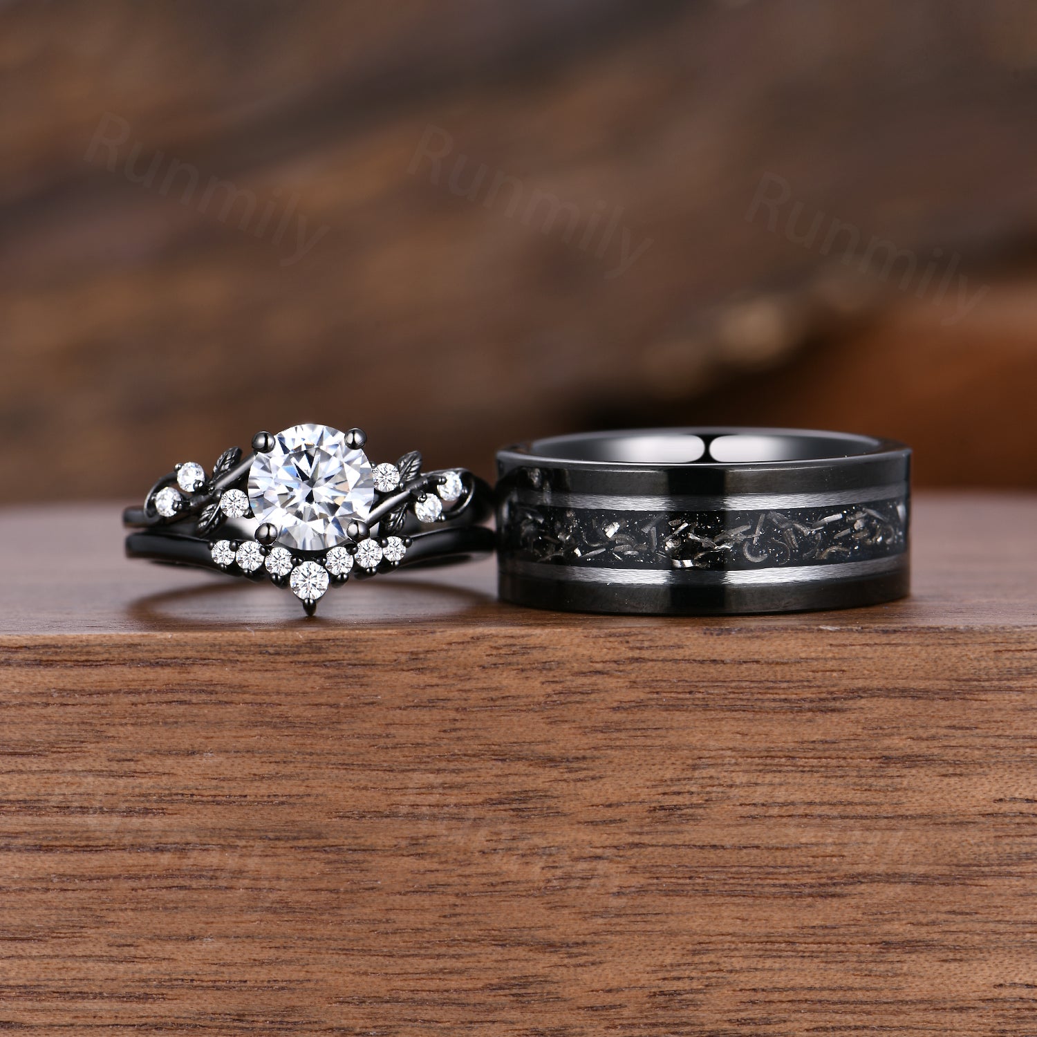 Round Moissanite Couples Ring Set Unique Cluster Bridal Ring Black Gold His and Hers Wedding Bands Mens Tungsten Ring Diamond Rings