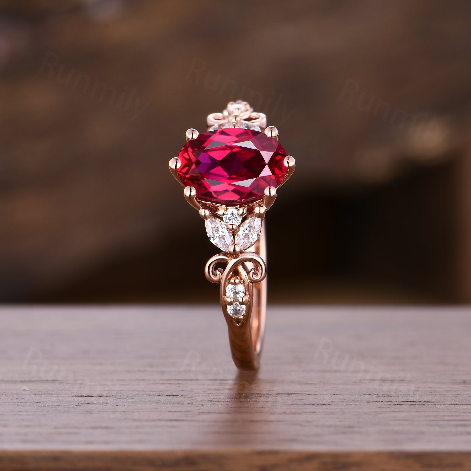 Oval cut Ruby engagement ring vintage unique moissanite cluster ring Rose gold promise anniversary ring for Her