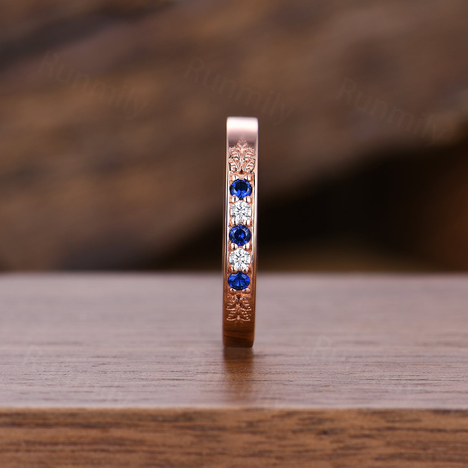 Vintage Blue Sapphire Rose Gold Leaf Moissanite Band: Sterling Silver Wedding Ring