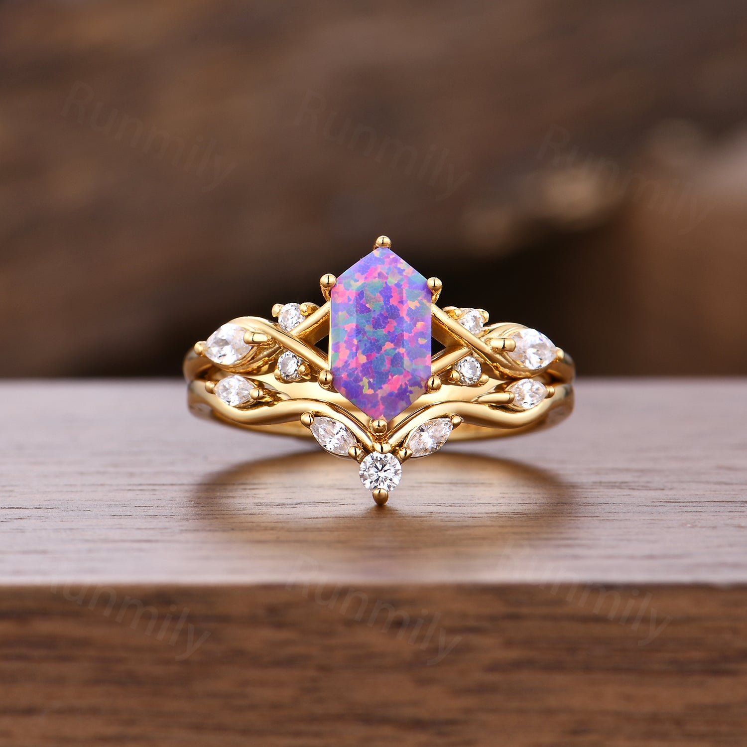 Vintage Lavender Opal Engagement Ring Set Solid Yellow Gold Moissanite Bridal Ring Purple Opal Ring For Women Anniversary Gifts