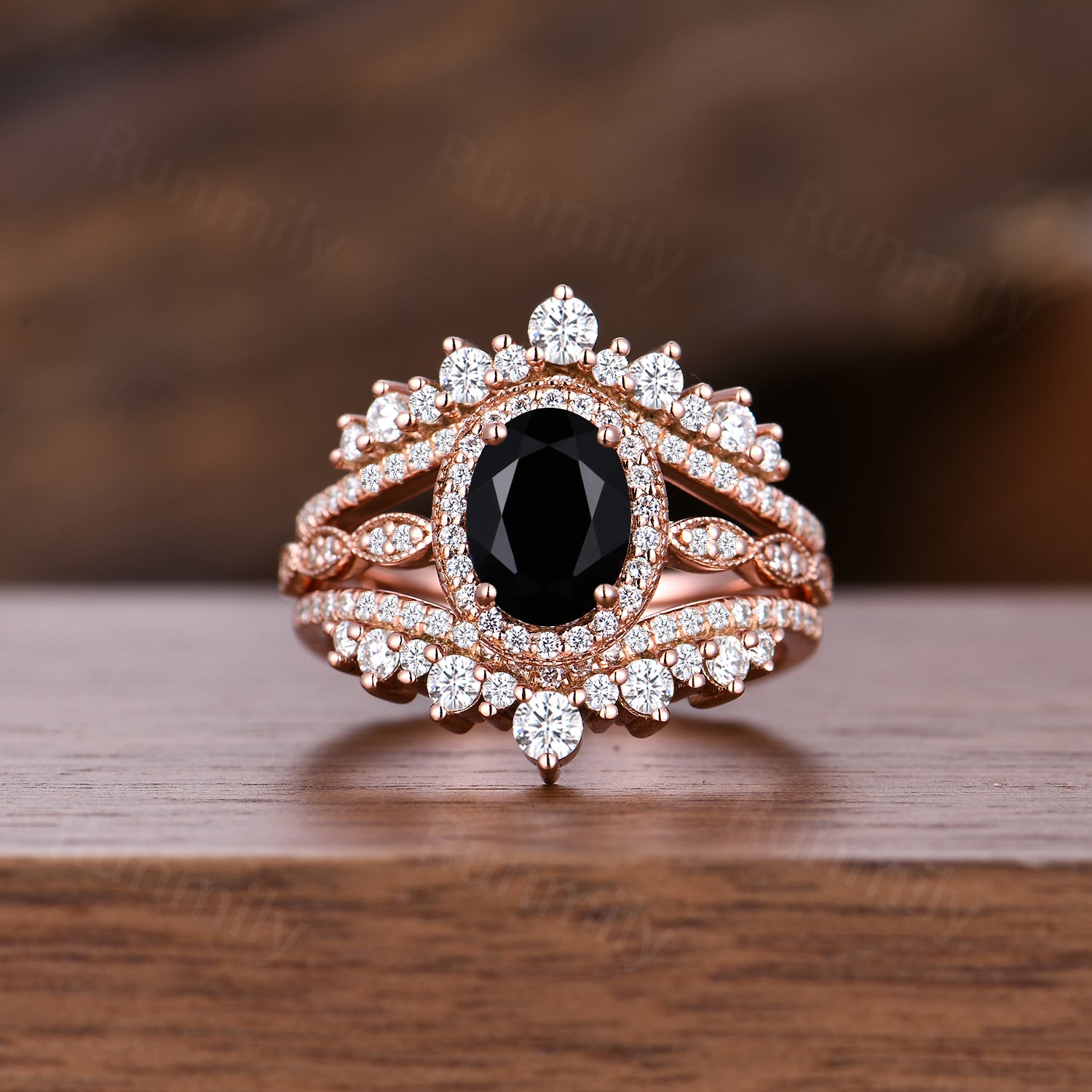 Vintage Black onyx engagement ring Set Unique rose gold Cluster moissanite ring Double curved wedding band Bridal Promise ring gift