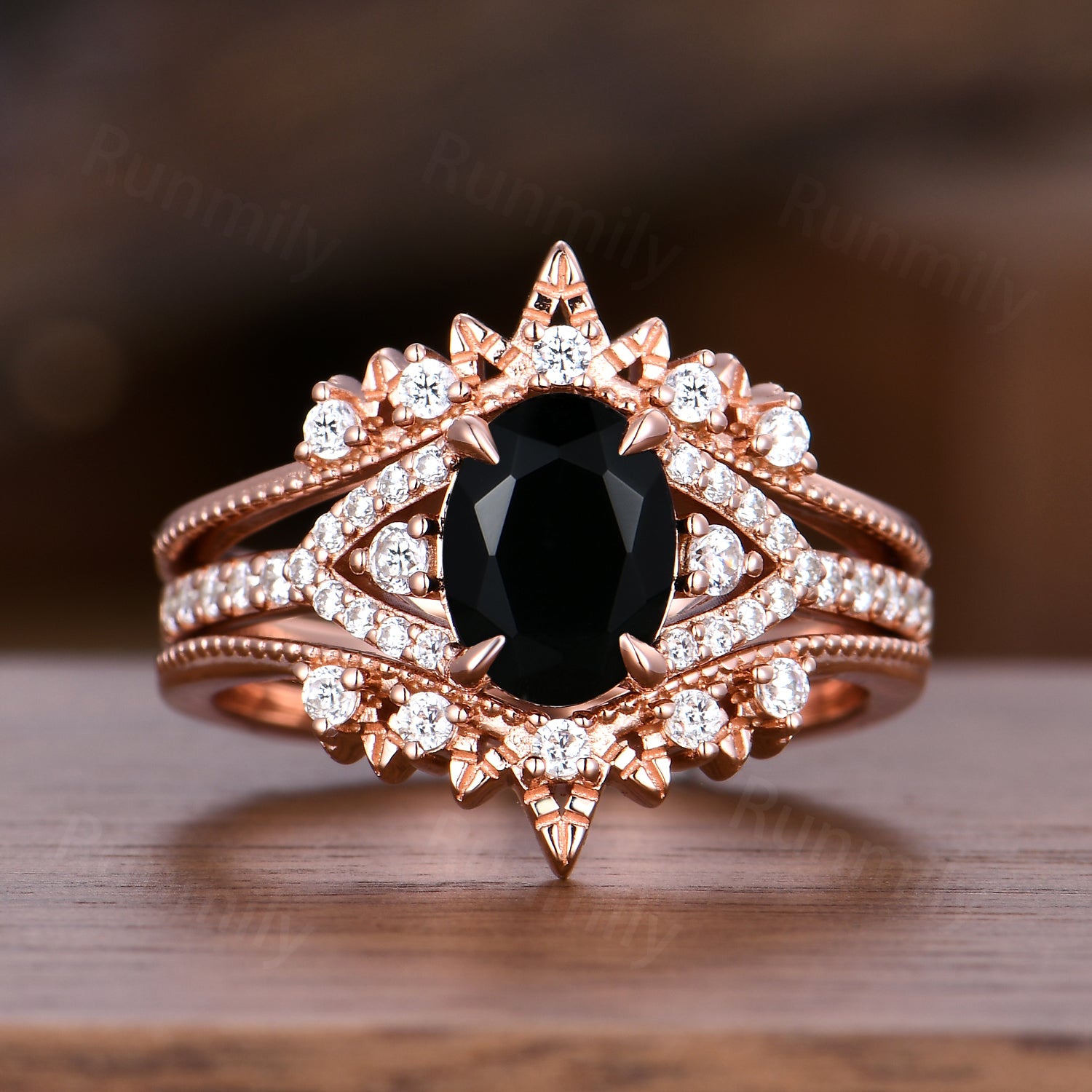 Vintage Oval Cut Rose Gold Black Onyx Couple Ring Set Double Curved Moissanite Wedding Band Bridal Promise Ring Gifts For Women