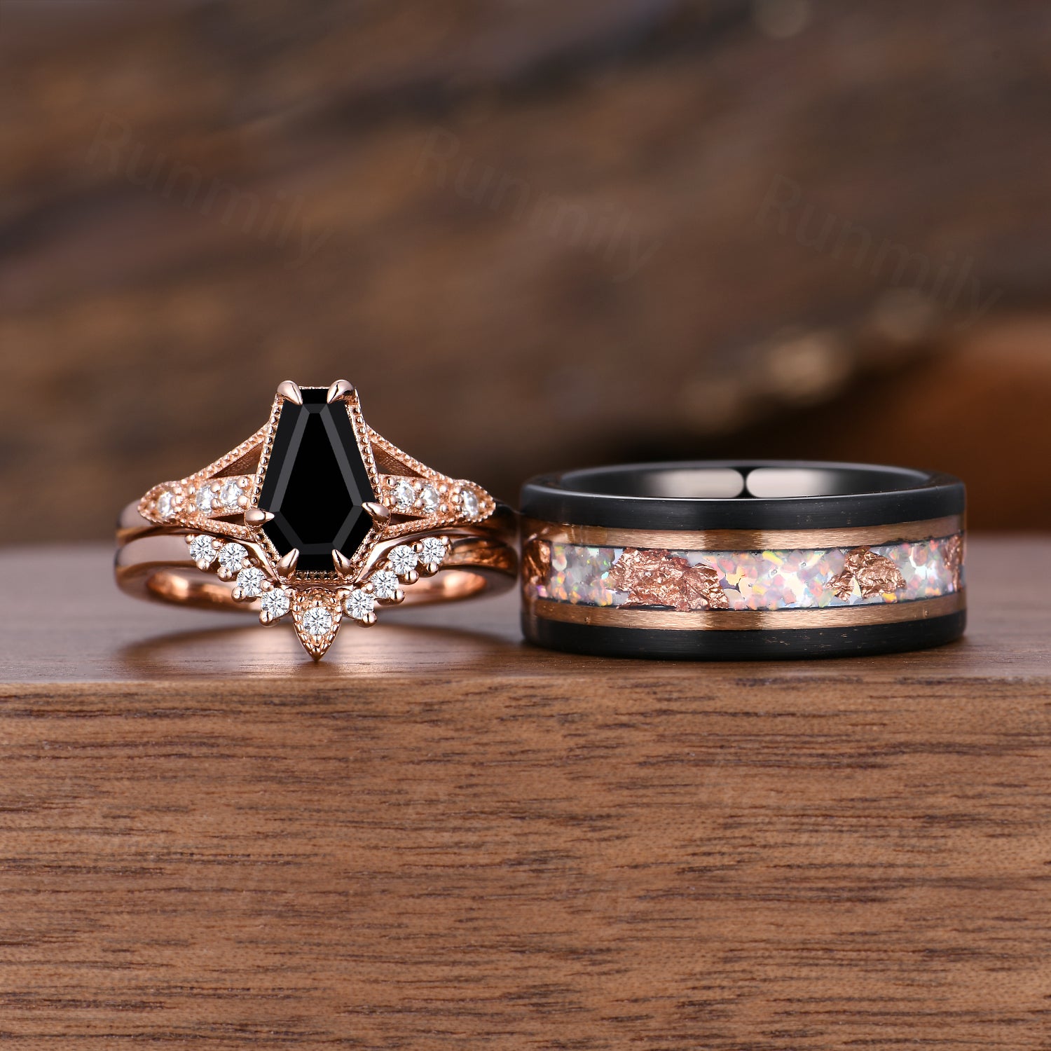 Unique Coffin Black Onyx Couples Ring Art Deco Rose Gold & Tungsten Ring For Men For Women