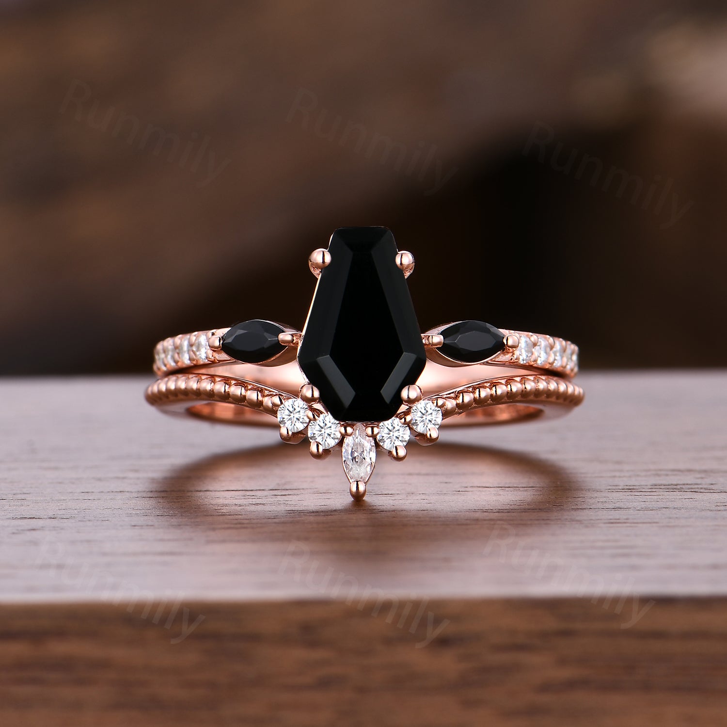 Gothic Coffin Shaped Black Onyx Wedding Ring Set Unique Moissanite Curved Band Black Gem Engagement Promise Ring