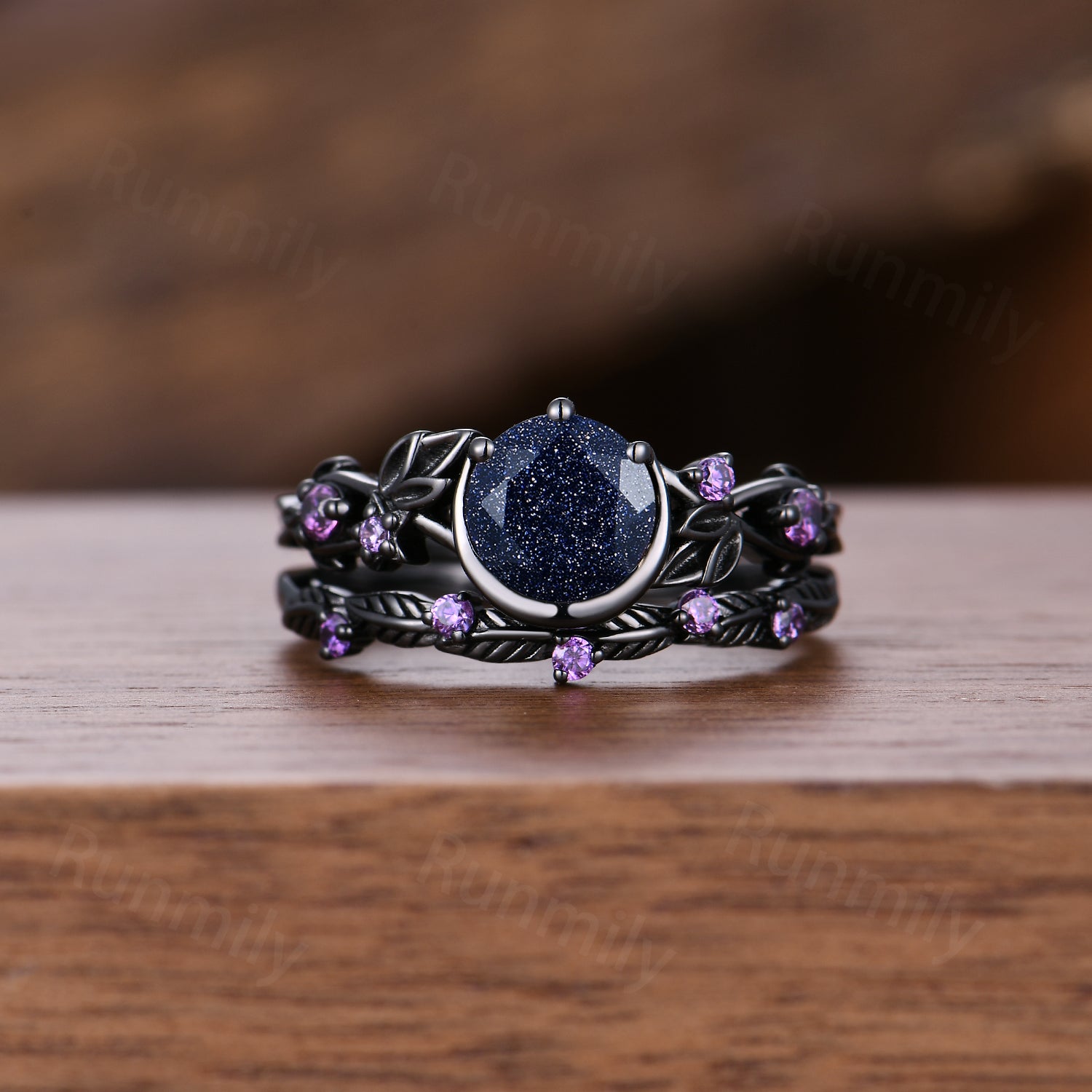 1CT Nature Inspired Round Galaxy Blue Sandstone Amethyst Bridal Set Unique Branch Leaf Starry Night Black Gold Wedding Ring Set