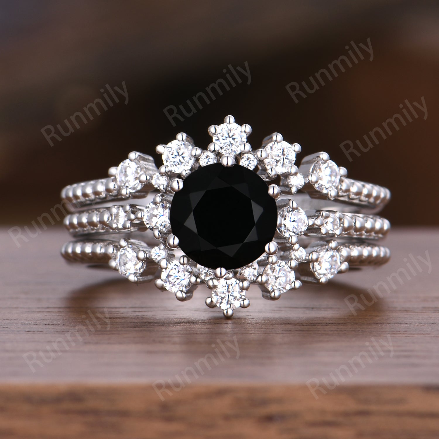 Round Cut Black Onyx Engagement Ring Set Sterling Silver Double Curved Moissanite Bridal Ring Set Unique Promise Anniversary Ring