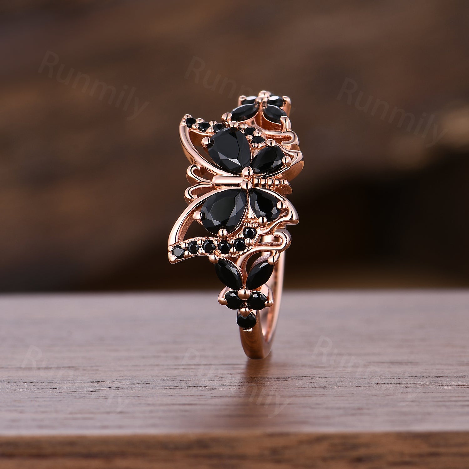 Butterfly Black Onyx Engagement Ring Pear Shaped Cluster Women Wedding Ring Anniversary Gift