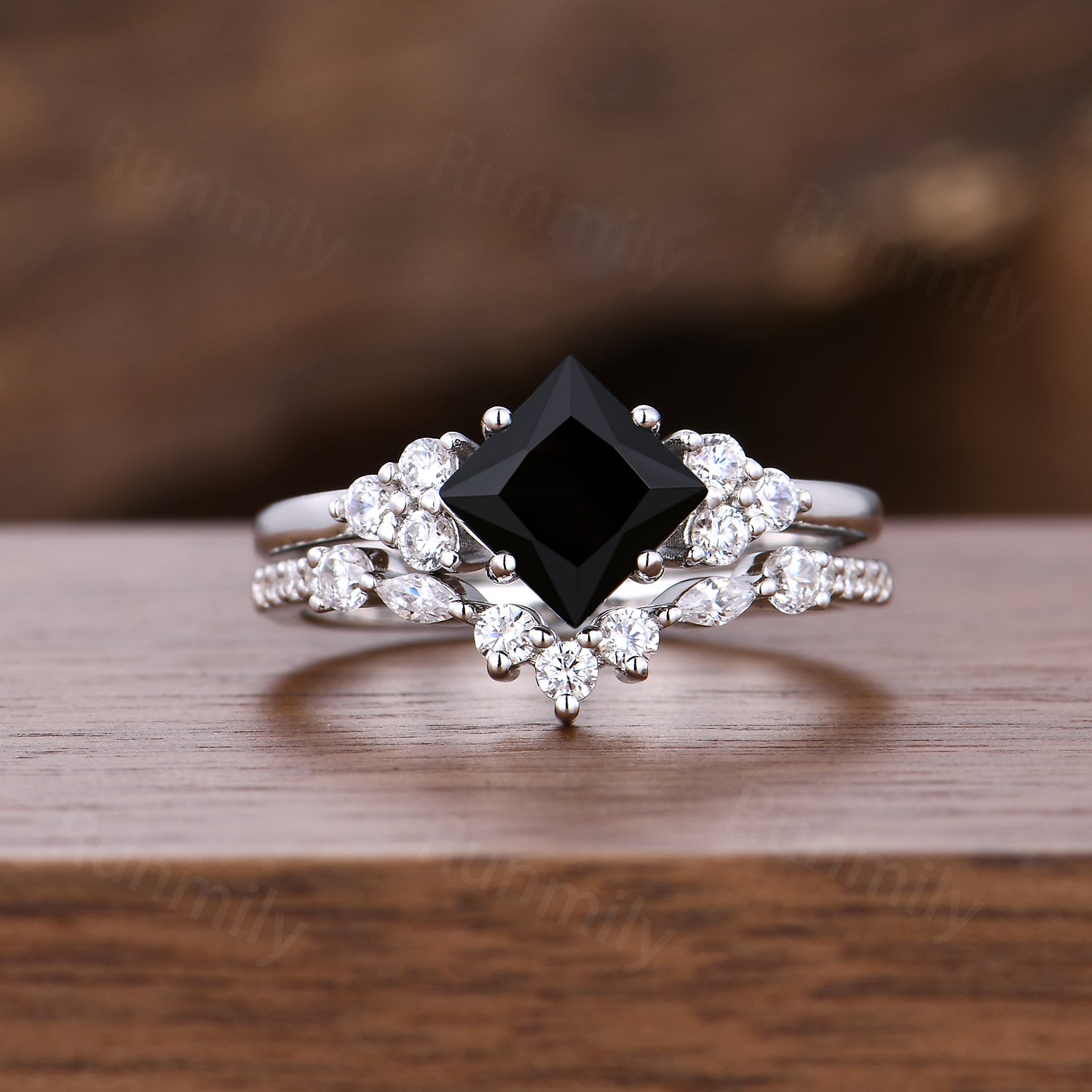 Princess Cut Black Onyx Engagement Ring Set Vintage Art Deco Moissanite Stacking Bridal Wedding Ring Unique Promise Anniversary Ring