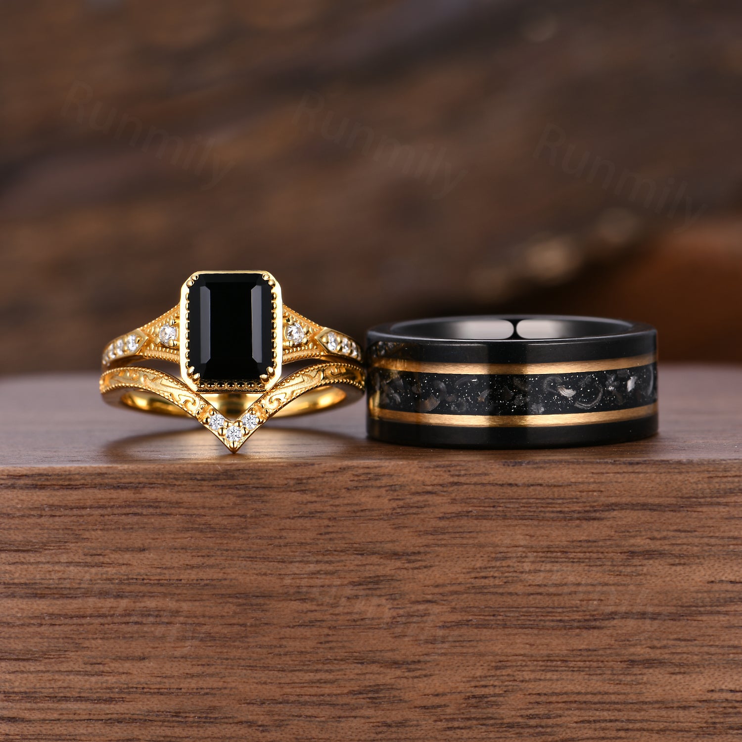 Antique Black Onyx Couples Ring Set Unique Filigree Bridal Ring Yellow Gold His and Hers Wedding Bands Mens Tungsten Ring Anniversary Rings
