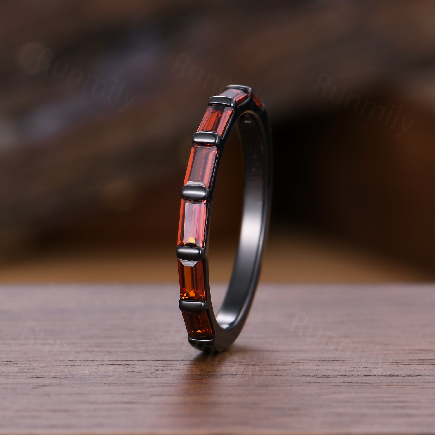Gothic Garnet Wedding Band Baguette Cut Half Eternity Wedding Ring Black Gold Stacking Matching Band January Birthstone Anniversary Gift