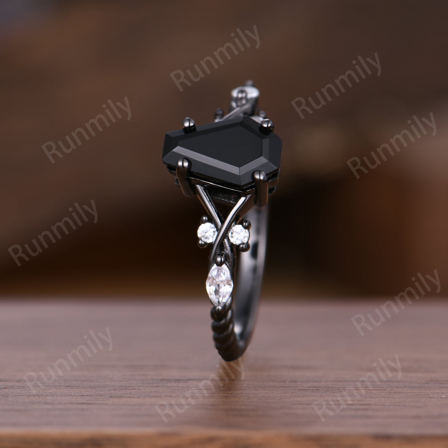 Coffin cut black onyx ring gothic black gold engagement ring unique twisted band ring bridal promise ring Natural black gemstone ring