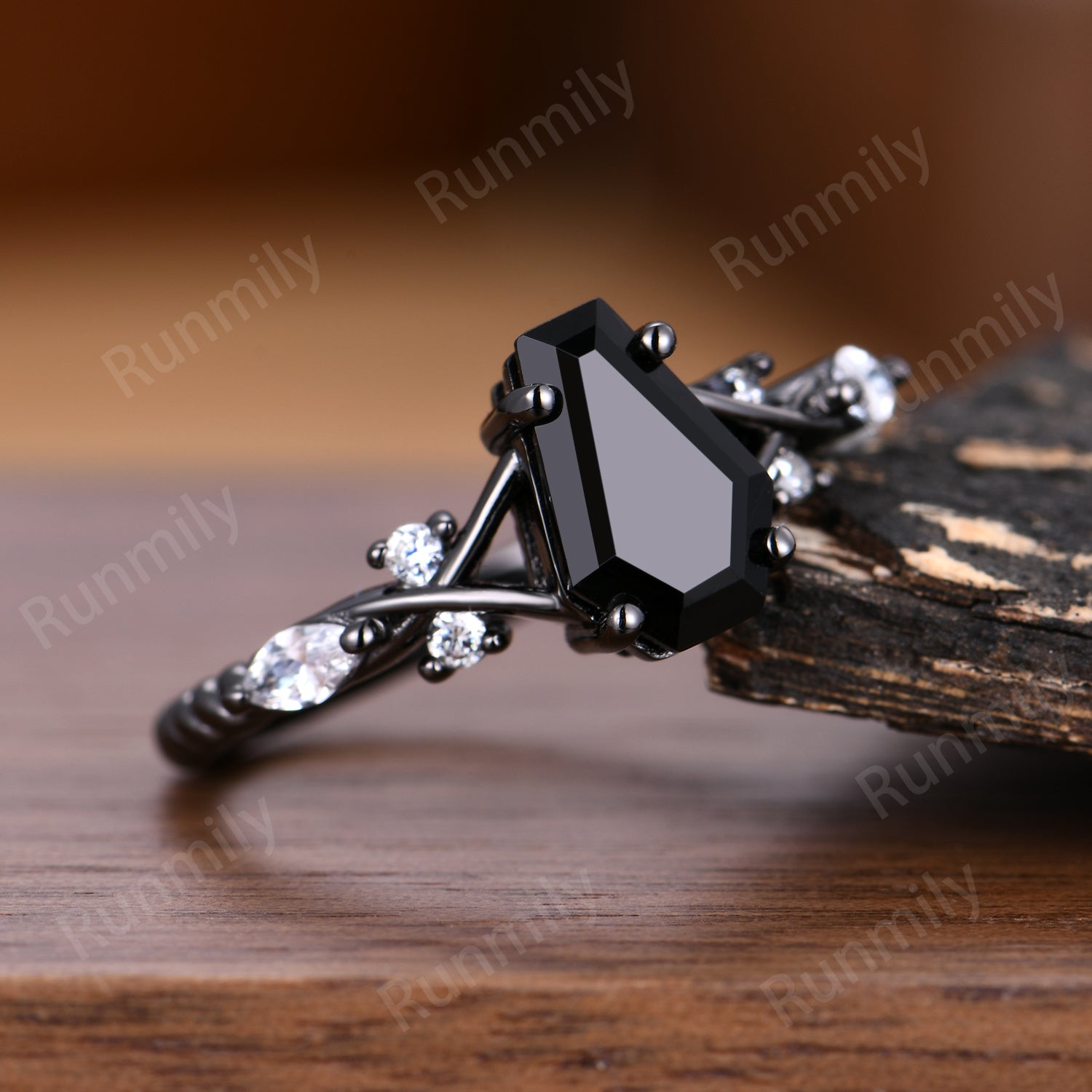 Coffin cut black onyx ring gothic black gold engagement ring unique twisted band ring bridal promise ring Natural black gemstone ring