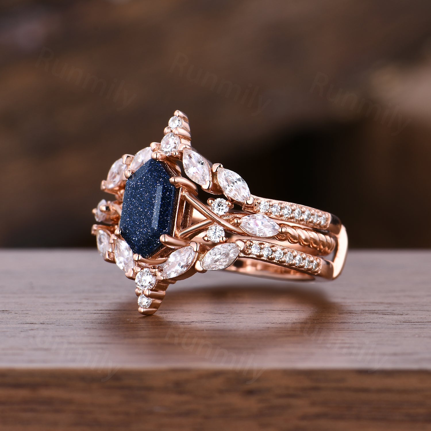 Vintage Blue Sandstone Engagement Ring Set Women Rose Gold Hexagon Wedding Ring Double Curved Moissanite Enhancer Stacking Bridal Ring