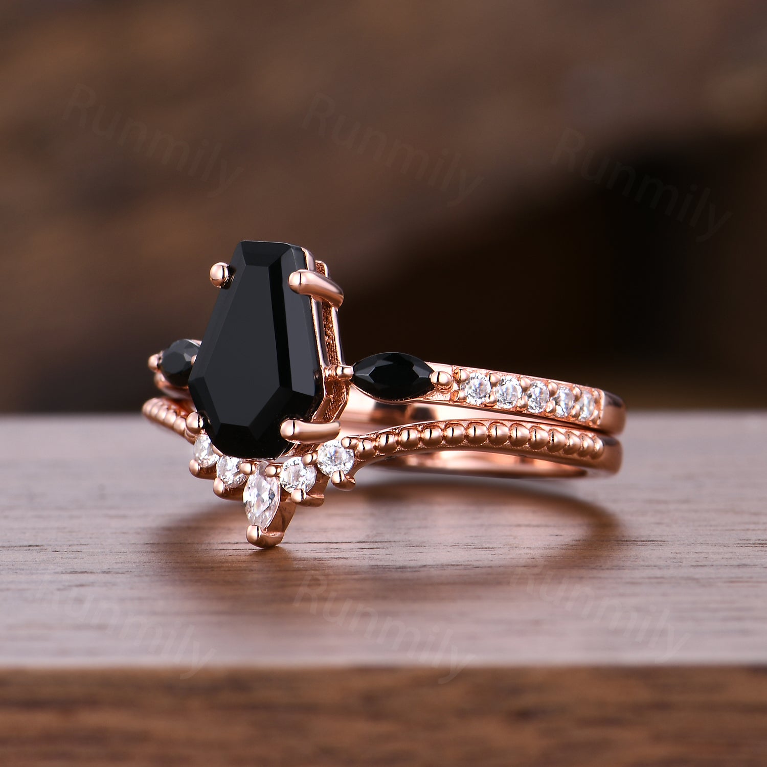 Gothic Coffin Shaped Black Onyx Wedding Ring Set Unique Moissanite Curved Band Black Gem Engagement Promise Ring