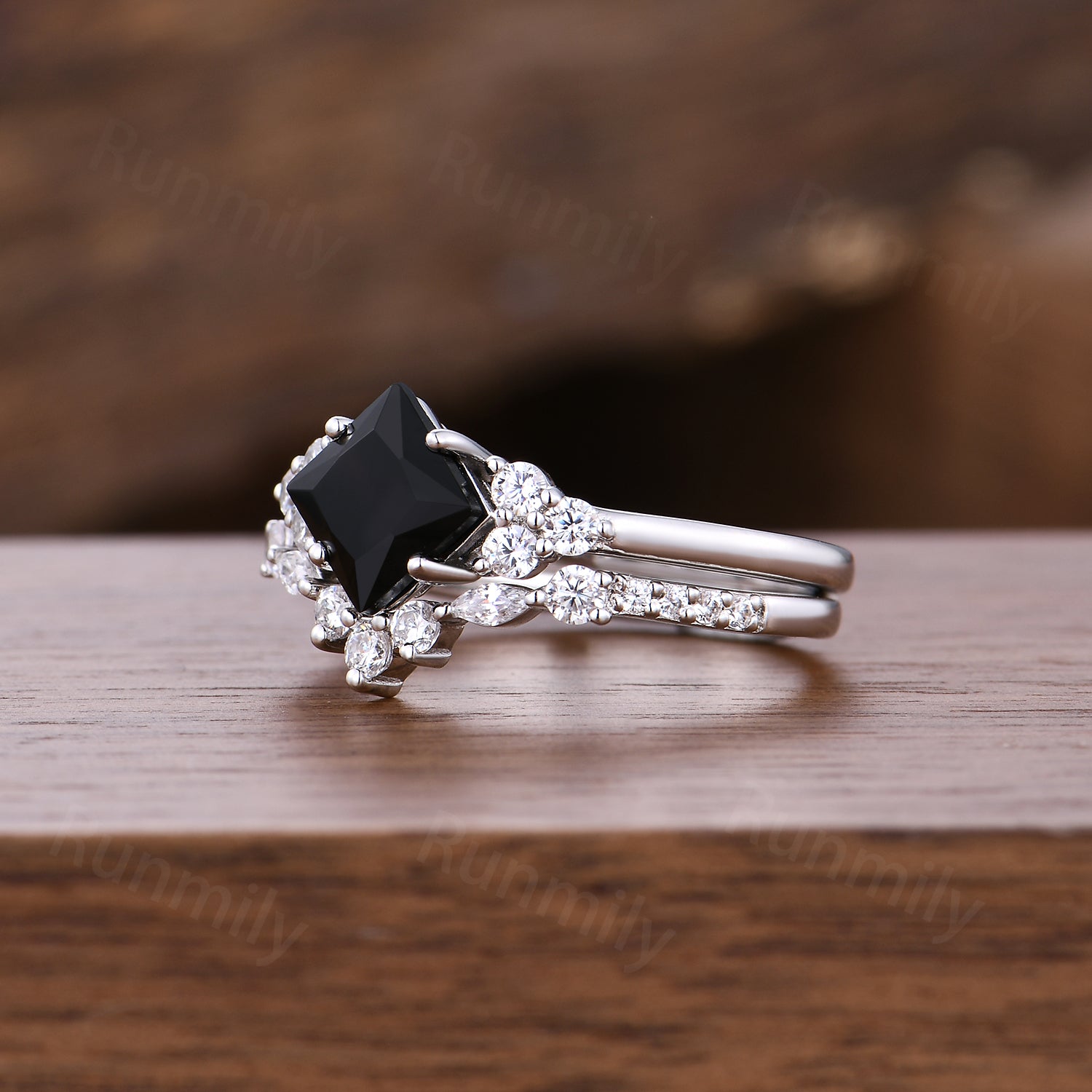 Princess Cut Black Onyx Engagement Ring Set Vintage Art Deco Moissanite Stacking Bridal Wedding Ring Unique Promise Anniversary Ring