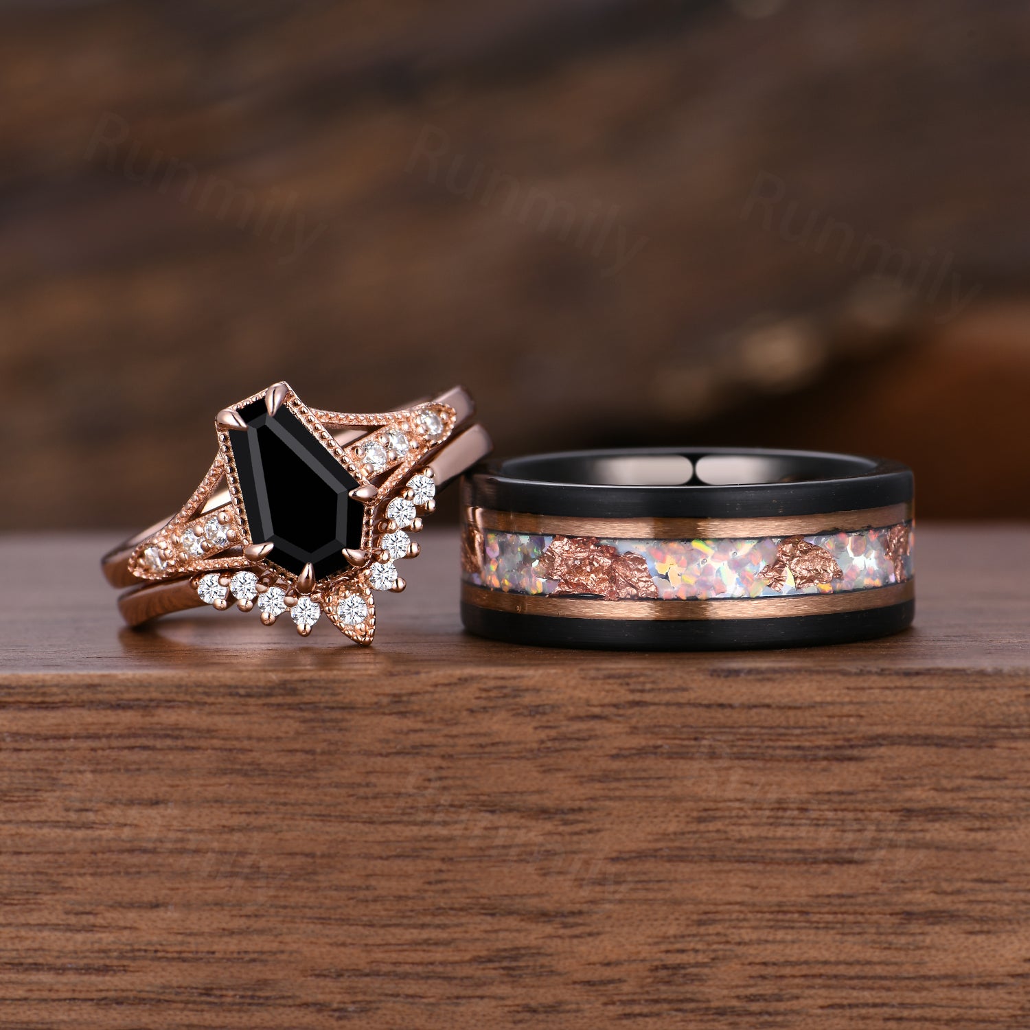Unique Coffin Black Onyx Couples Ring Art Deco Rose Gold & Tungsten Ring For Men For Women