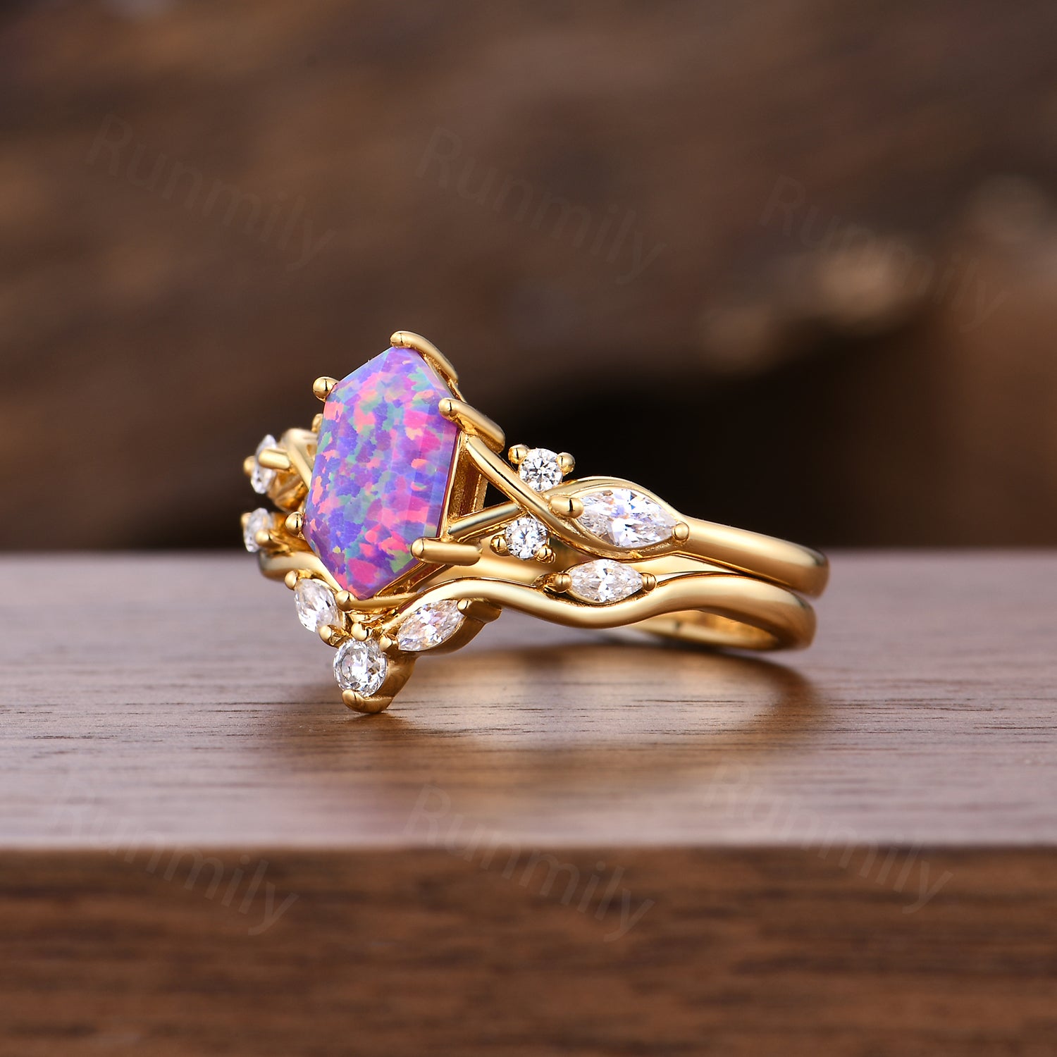 Vintage Lavender Opal Engagement Ring Set Solid Yellow Gold Moissanite Bridal Ring Purple Opal Ring For Women Anniversary Gifts