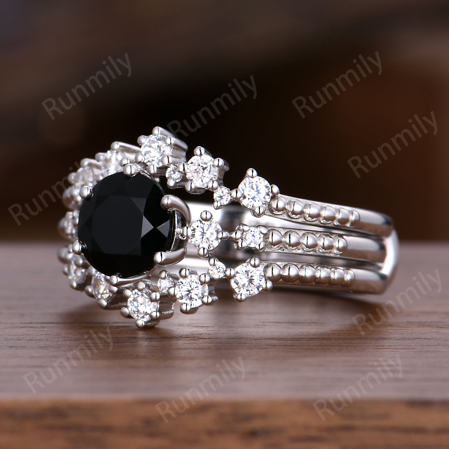 Round Cut Black Onyx Engagement Ring Set Sterling Silver Double Curved Moissanite Bridal Ring Set Unique Promise Anniversary Ring