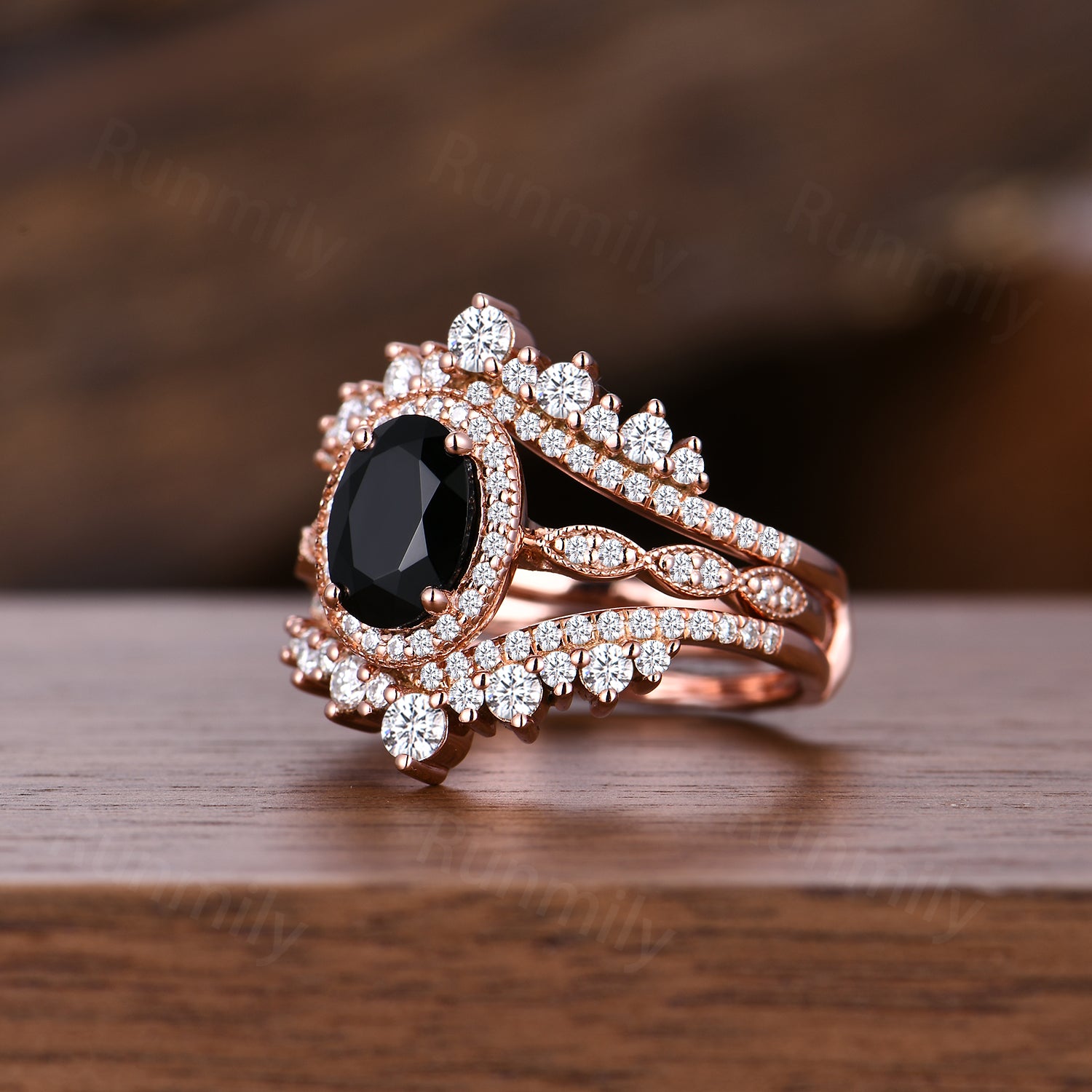 Vintage Black onyx engagement ring Set Unique rose gold Cluster moissanite ring Double curved wedding band Bridal Promise ring gift