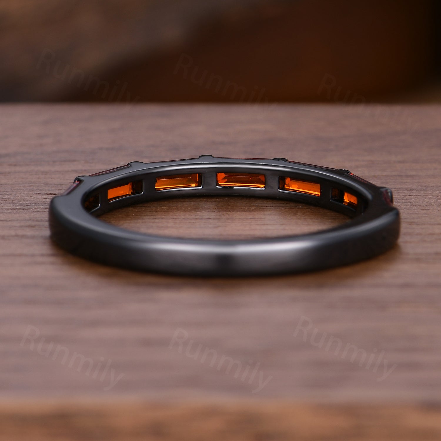 Gothic Garnet Wedding Band Baguette Cut Half Eternity Wedding Ring Black Gold Stacking Matching Band January Birthstone Anniversary Gift