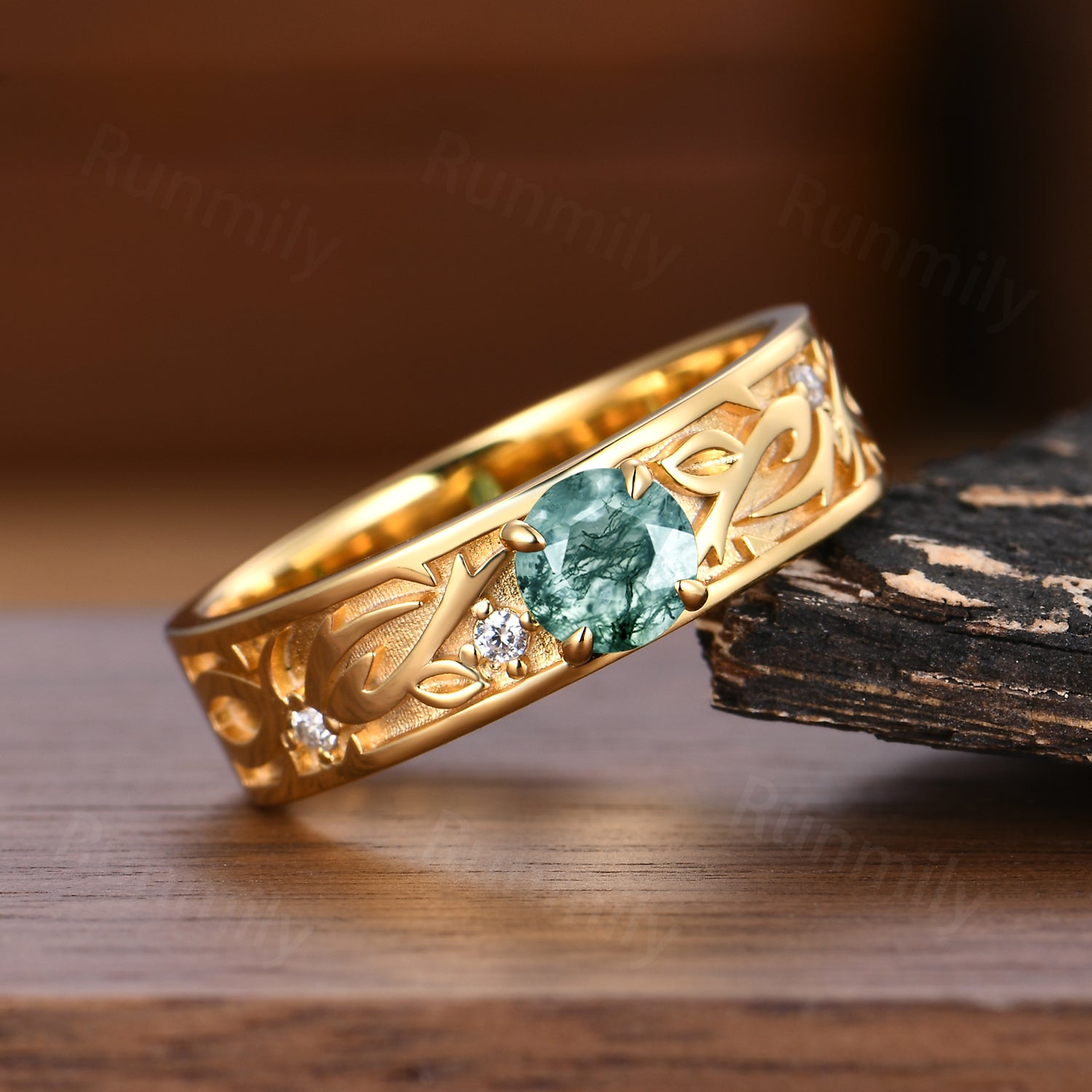 Round Cut Green Moss Agate Engagement Ring Green Gemstone Ring For Men Solid 14K Gold Ring Nature Inspired Ring Mens Gold Ring