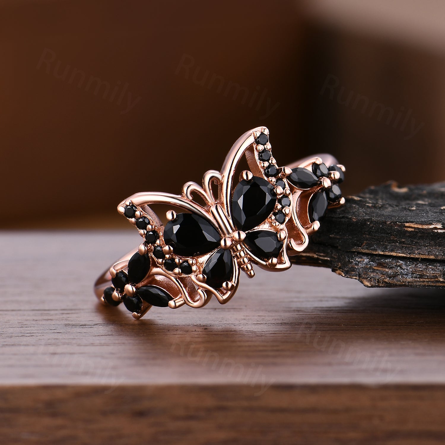 Butterfly Black Onyx Engagement Ring Pear Shaped Cluster Women Wedding Ring Anniversary Gift