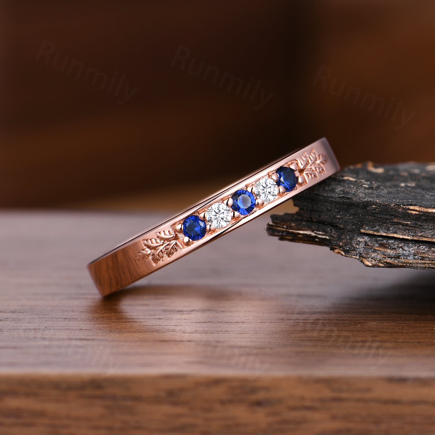 Vintage Blue Sapphire Rose Gold Leaf Moissanite Band: Sterling Silver Wedding Ring