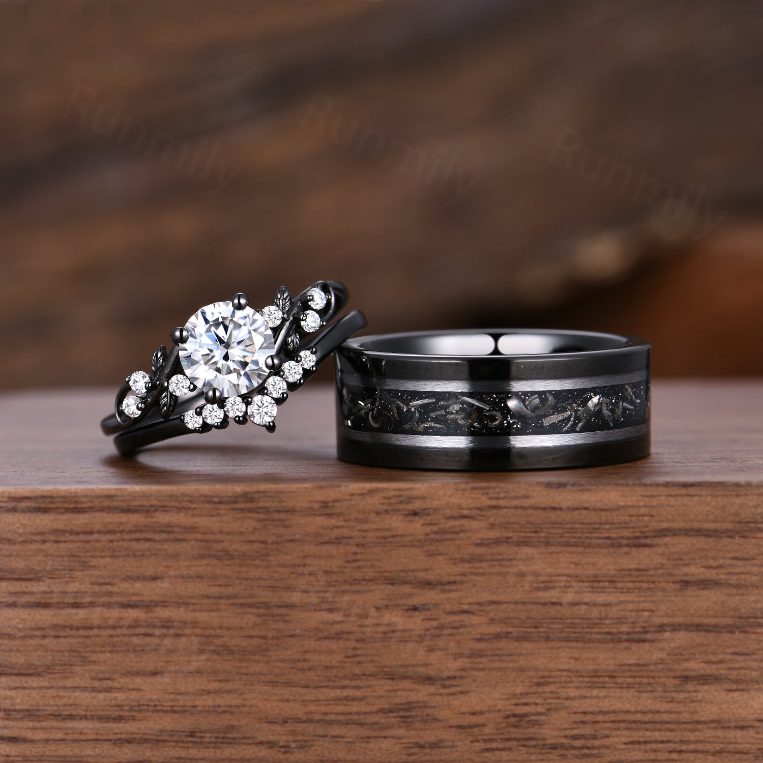 Round Moissanite Couples Ring Set Unique Cluster Bridal Ring Black Gold His and Hers Wedding Bands Mens Tungsten Ring Diamond Rings