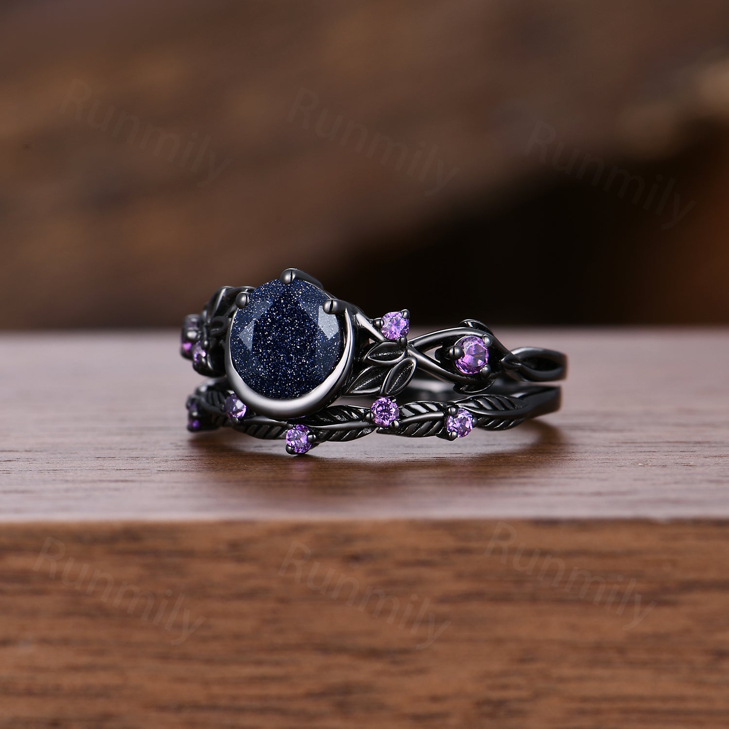1CT Nature Inspired Round Galaxy Blue Sandstone Amethyst Bridal Set Unique Branch Leaf Starry Night Black Gold Wedding Ring Set