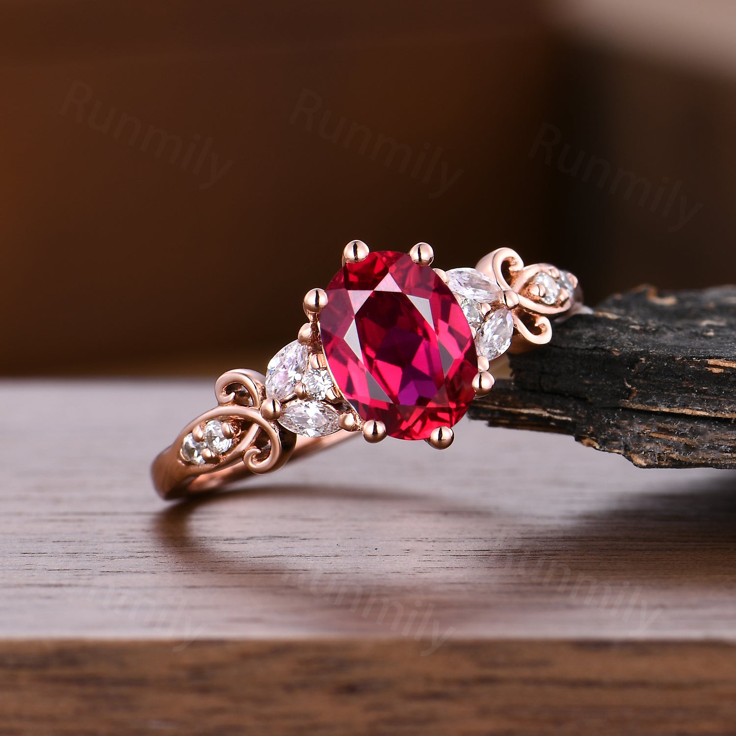 Oval cut Ruby engagement ring vintage unique moissanite cluster ring Rose gold promise anniversary ring for Her