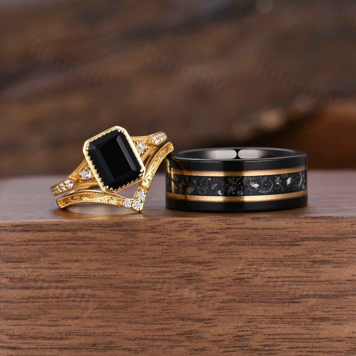Antique Black Onyx Couples Ring Set Unique Filigree Bridal Ring Yellow Gold His and Hers Wedding Bands Mens Tungsten Ring Anniversary Rings