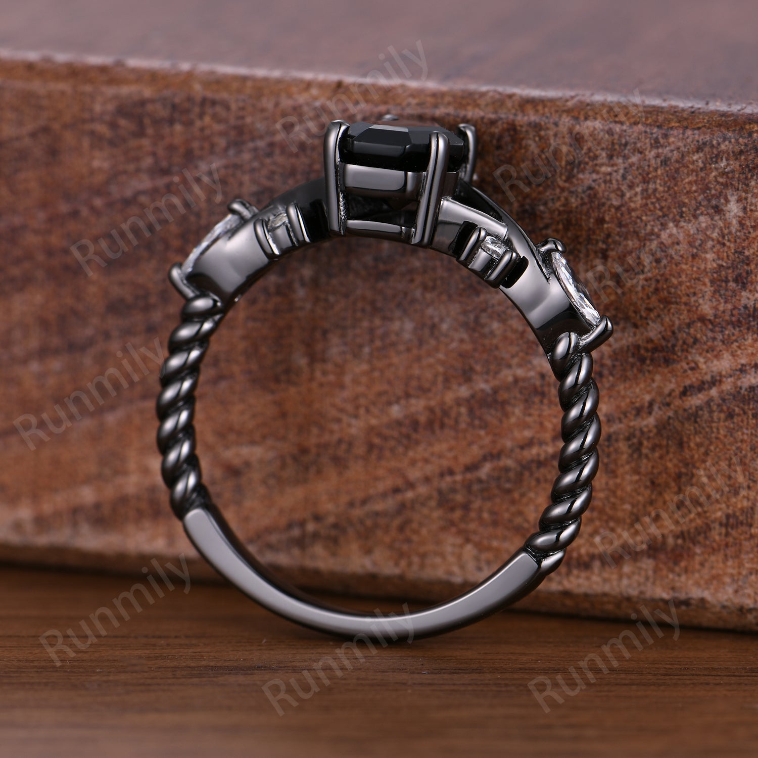 Coffin cut black onyx ring gothic black gold engagement ring unique twisted band ring bridal promise ring Natural black gemstone ring