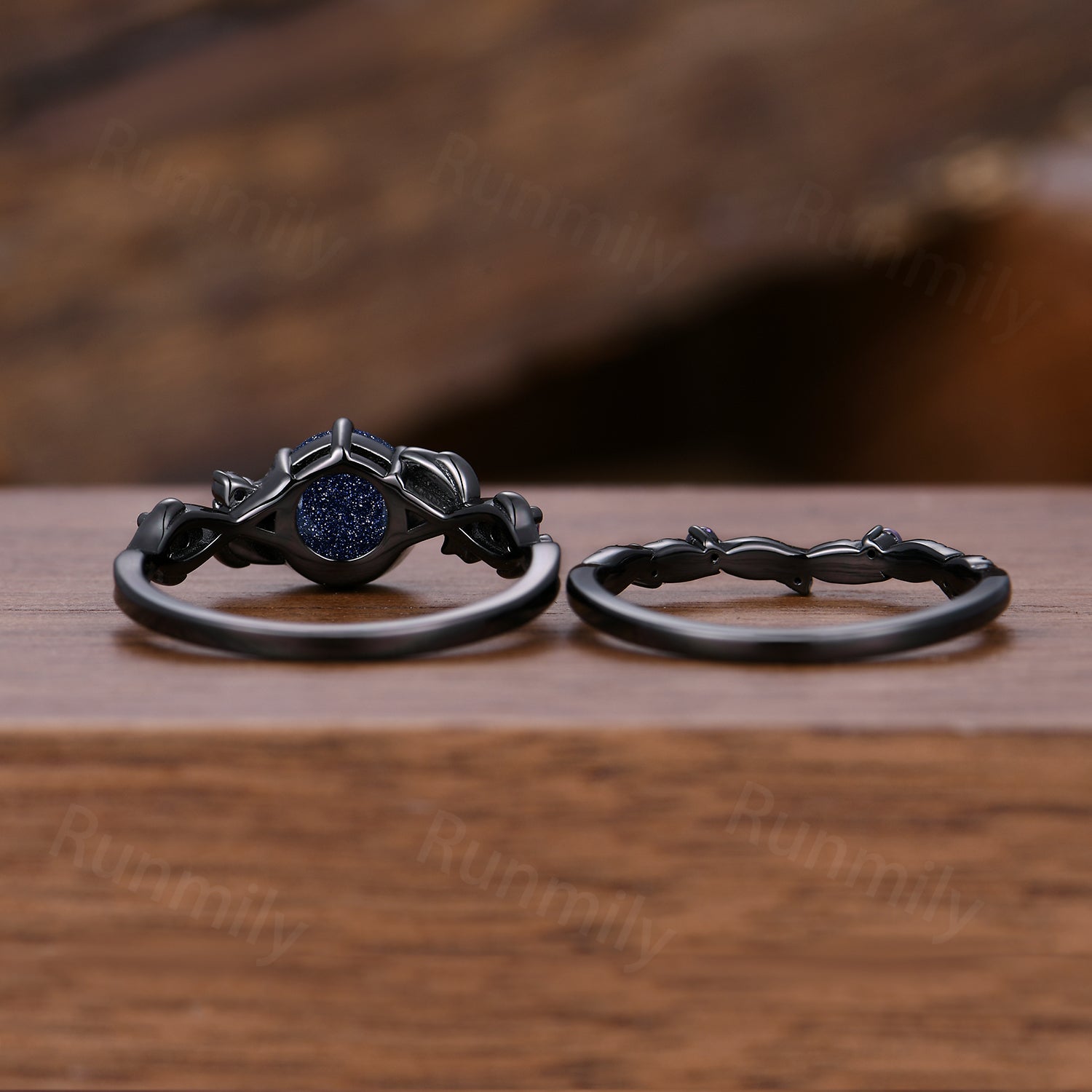 1CT Nature Inspired Round Galaxy Blue Sandstone Amethyst Bridal Set Unique Branch Leaf Starry Night Black Gold Wedding Ring Set