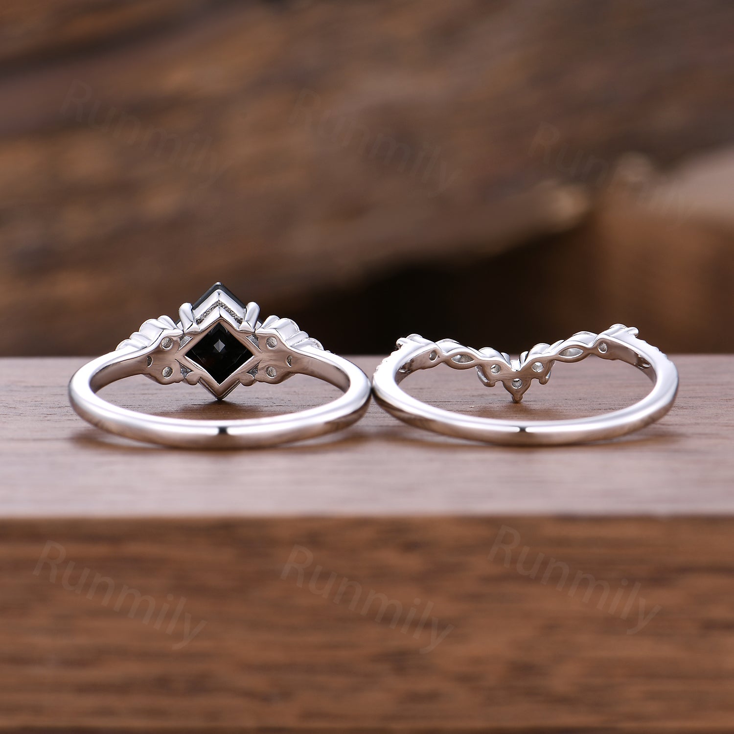 Princess Cut Black Onyx Engagement Ring Set Vintage Art Deco Moissanite Stacking Bridal Wedding Ring Unique Promise Anniversary Ring