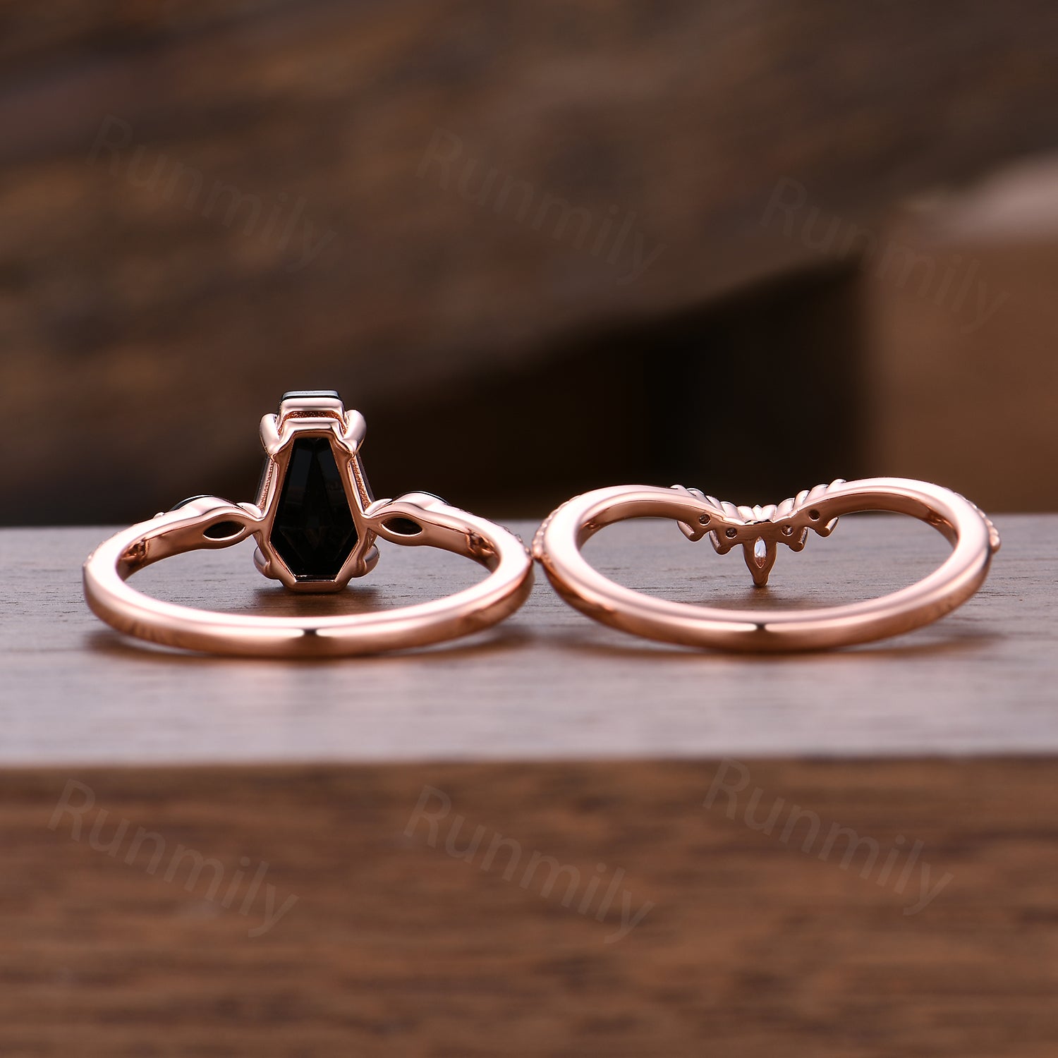 Gothic Coffin Shaped Black Onyx Wedding Ring Set Unique Moissanite Curved Band Black Gem Engagement Promise Ring