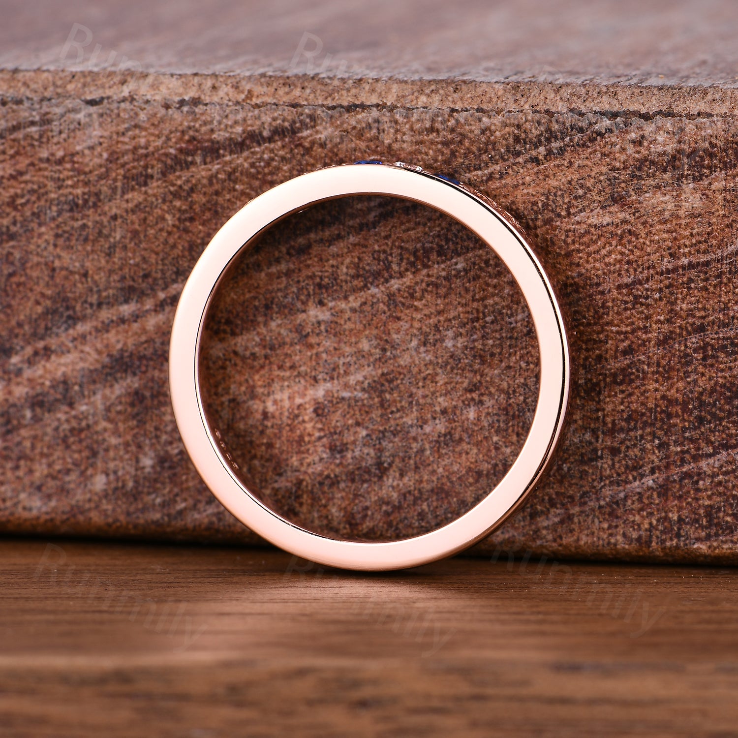 Vintage Blue Sapphire Rose Gold Leaf Moissanite Band: Sterling Silver Wedding Ring
