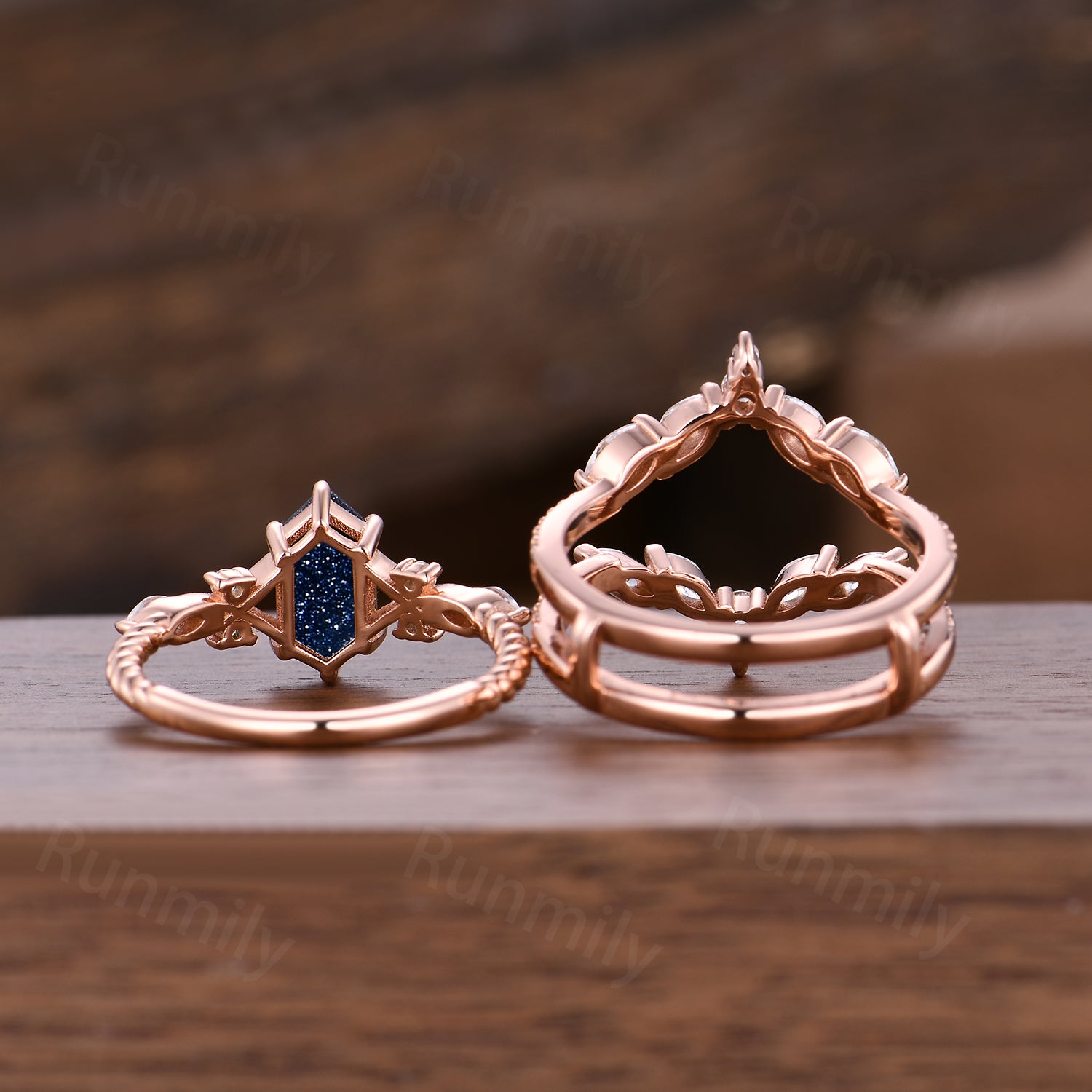 Vintage Blue Sandstone Engagement Ring Set Women Rose Gold Hexagon Wedding Ring Double Curved Moissanite Enhancer Stacking Bridal Ring