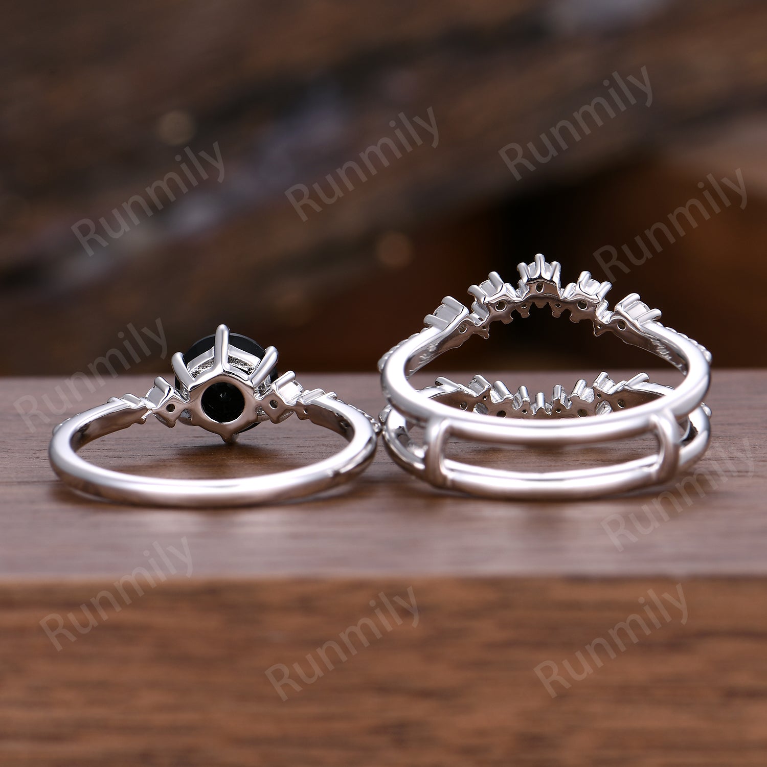 Round Cut Black Onyx Engagement Ring Set Sterling Silver Double Curved Moissanite Bridal Ring Set Unique Promise Anniversary Ring