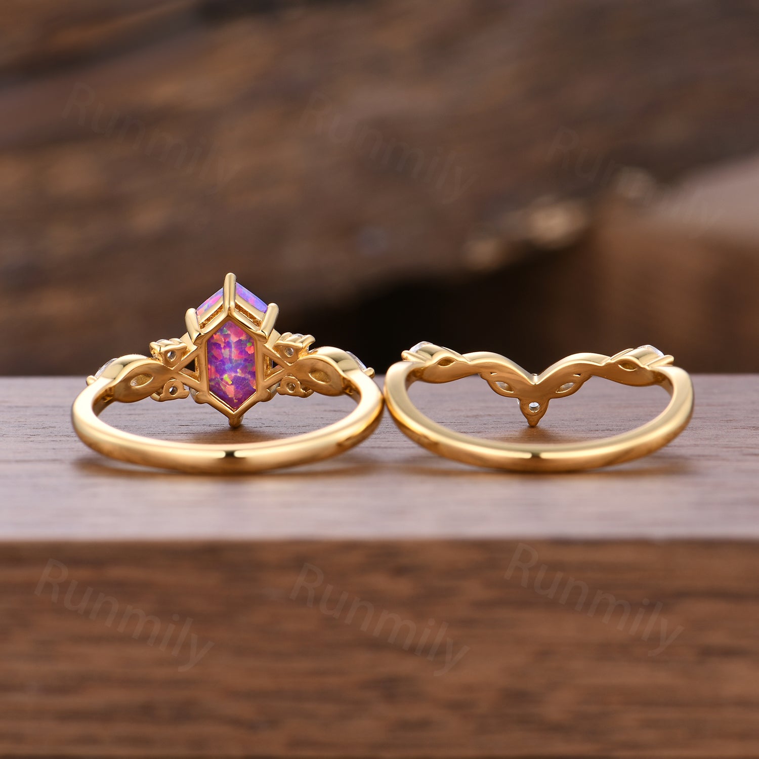 Vintage Lavender Opal Engagement Ring Set Solid Yellow Gold Moissanite Bridal Ring Purple Opal Ring For Women Anniversary Gifts