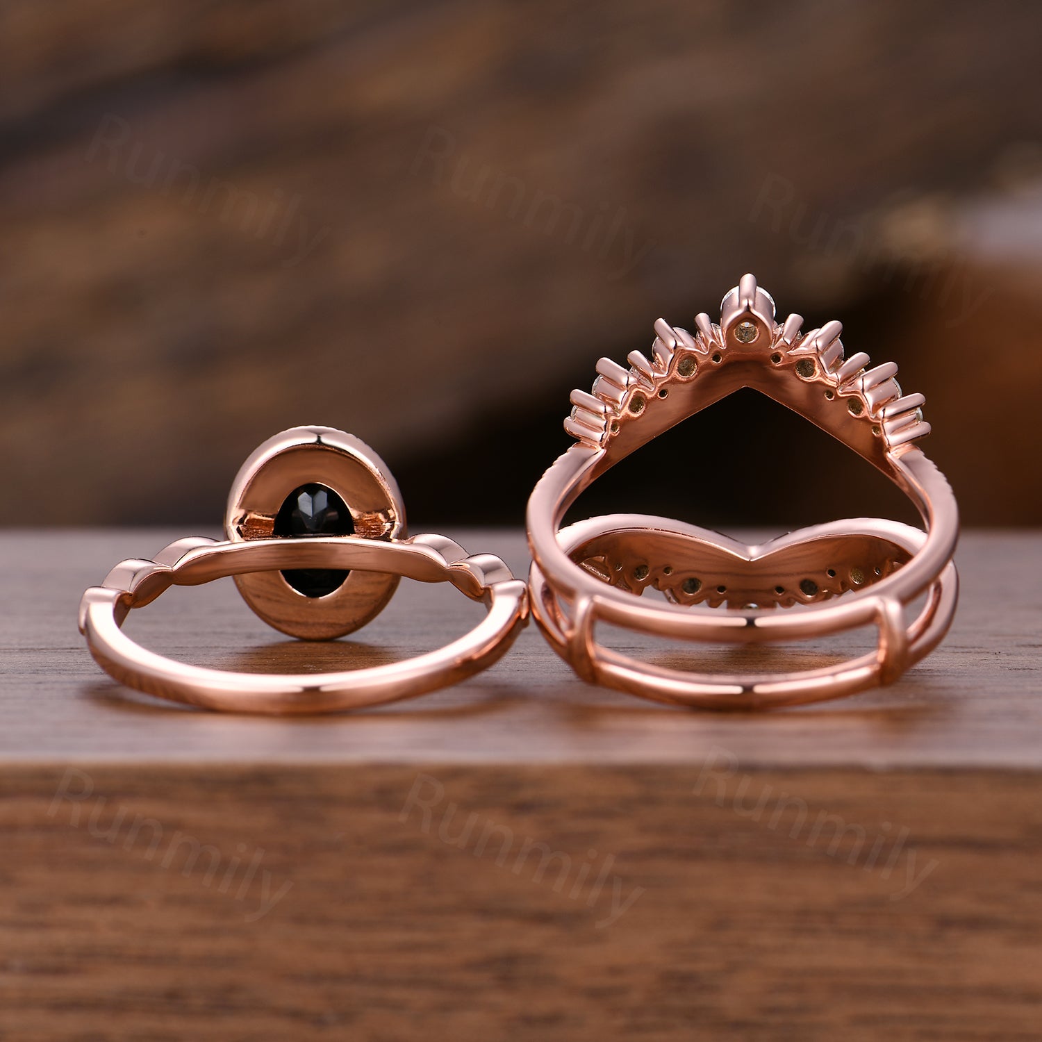 Vintage Black onyx engagement ring Set Unique rose gold Cluster moissanite ring Double curved wedding band Bridal Promise ring gift