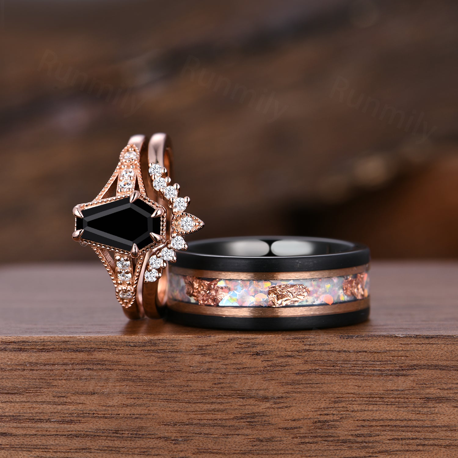 Unique Coffin Black Onyx Couples Ring Art Deco Rose Gold & Tungsten Ring For Men For Women