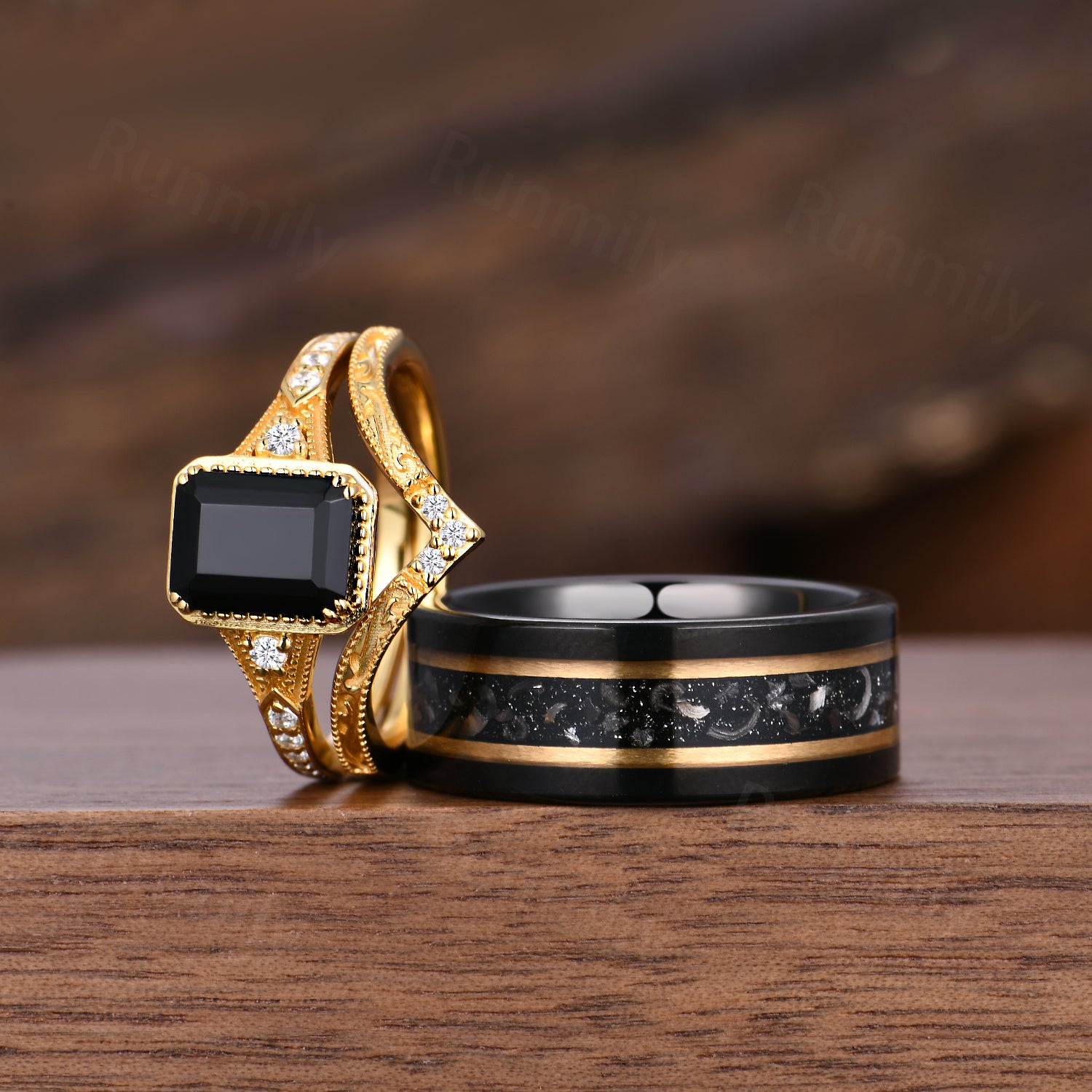Antique Black Onyx Couples Ring Set Unique Filigree Bridal Ring Yellow Gold His and Hers Wedding Bands Mens Tungsten Ring Anniversary Rings