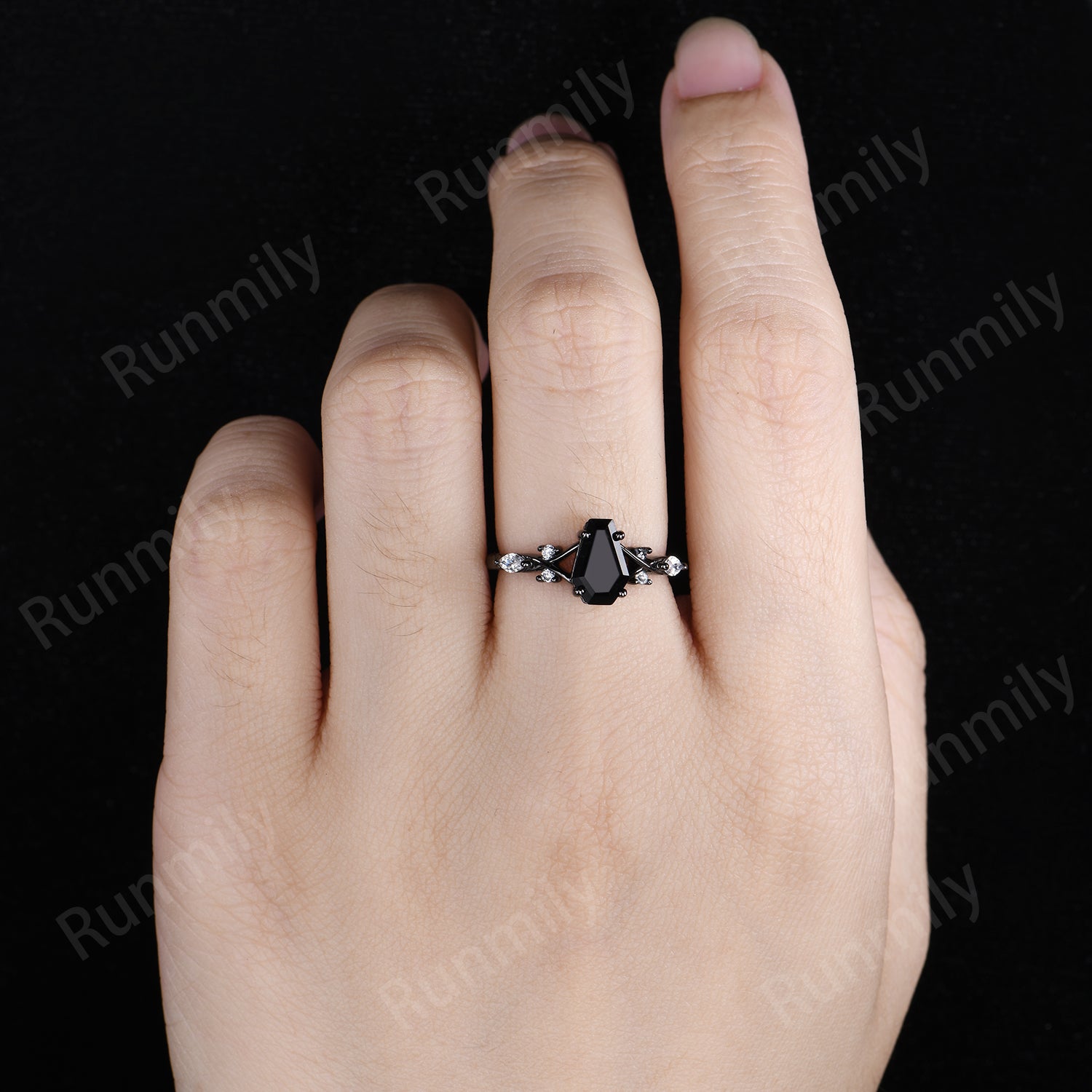 Coffin cut black onyx ring gothic black gold engagement ring unique twisted band ring bridal promise ring Natural black gemstone ring